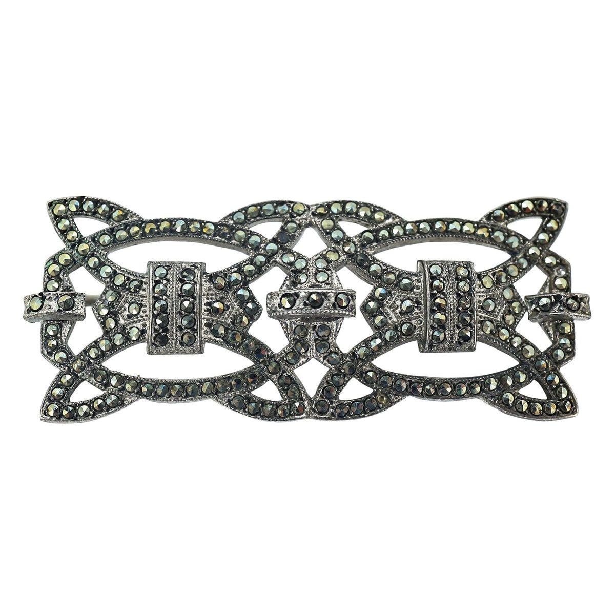 Art Deco Style Sterling Silver And Marcasite Brooch Openwork Geometric Motif 2in