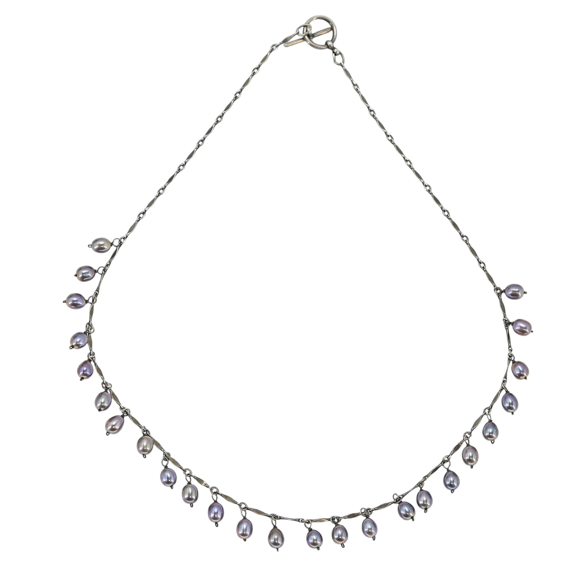 Vintage Sterling Silver Freshwater Pearl Fringe Necklace 16” Artisan Dangle Minimalist
