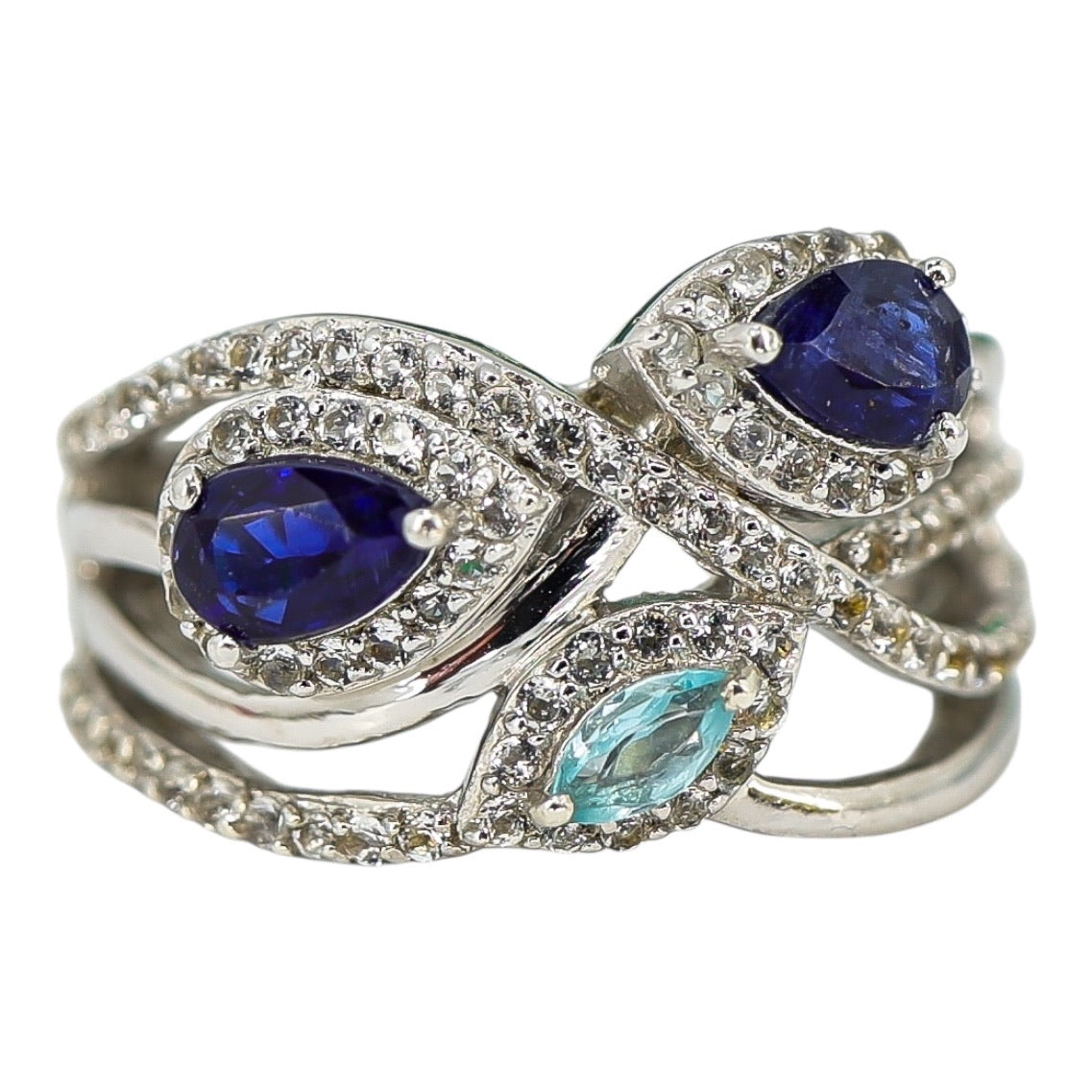 Signed STS Sterling Silver Multi-Stone Ring Blue & Aqua Stones Size 8