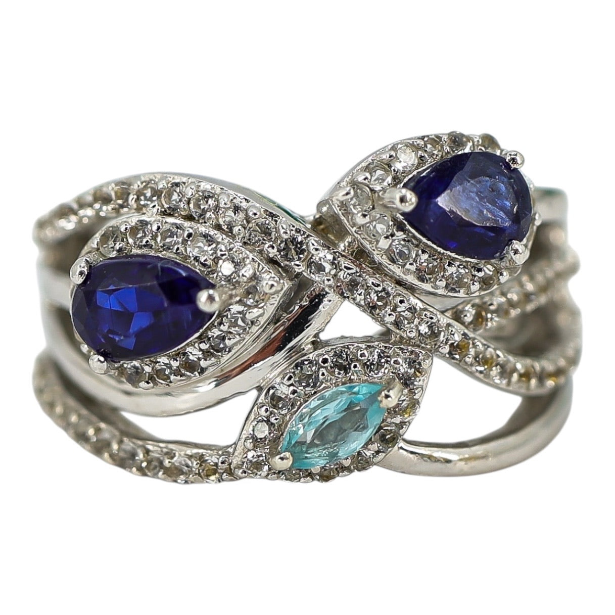 Signed STS Sterling Silver Multi-Stone Ring Blue & Aqua Stones Size 8
