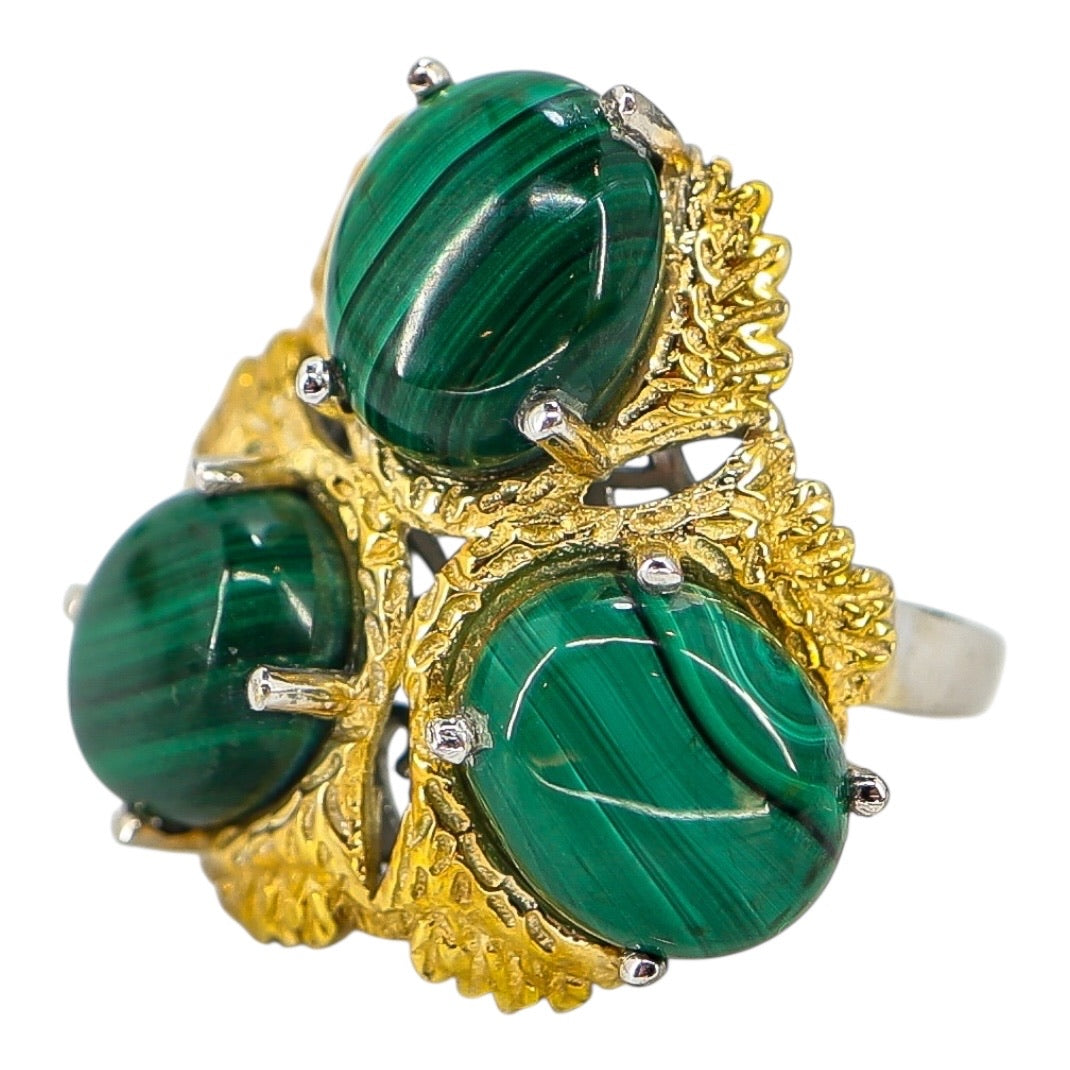Signed STS Karis Malachite Cabachons Ring - Size 8 -Statement Bold Green Stone Boho