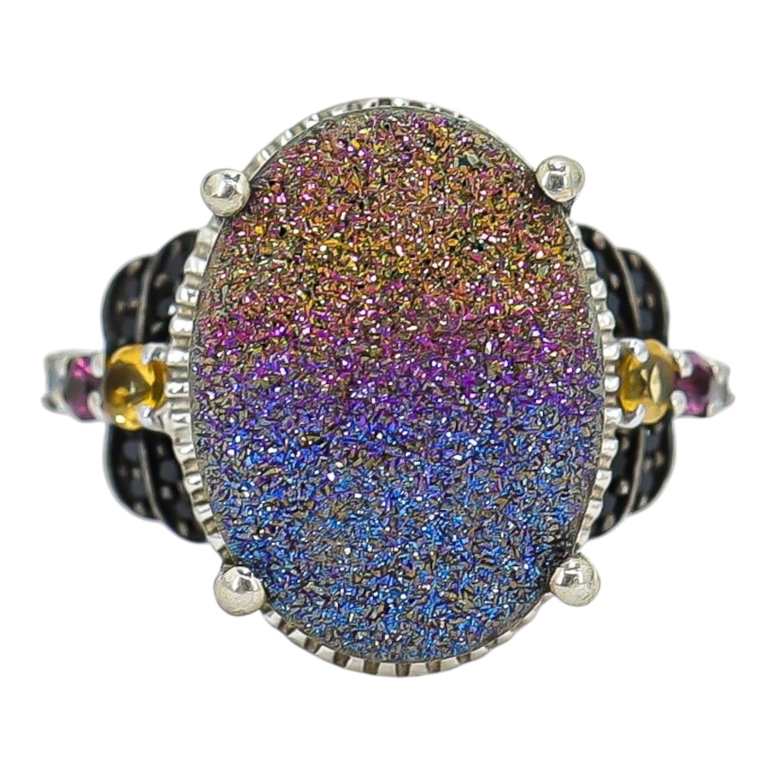 Signed STS Sterling Silver Rainbow Druzy Quartz Statement Ring – Size 7
