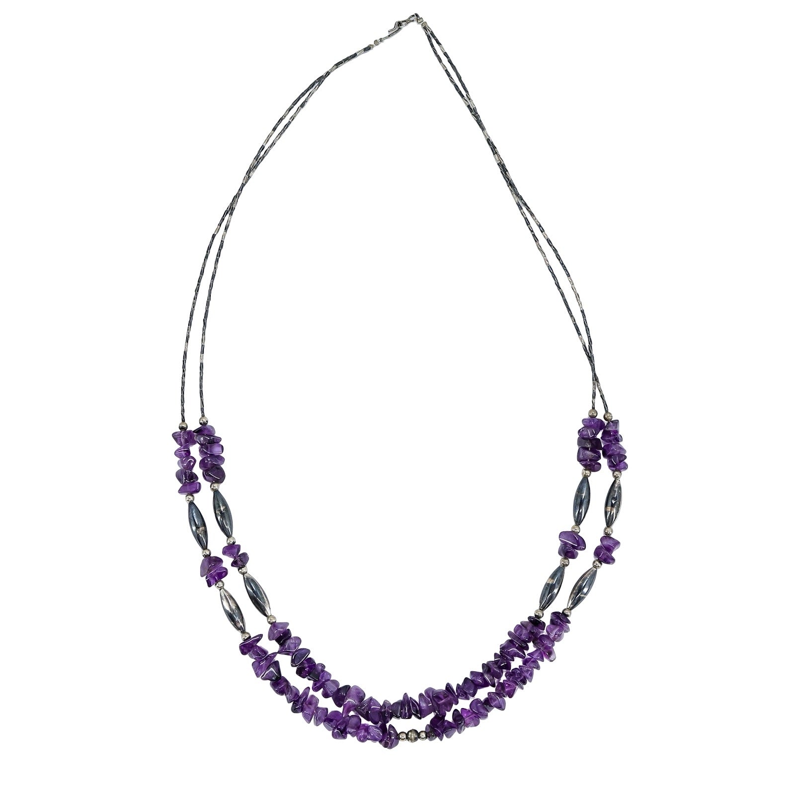 Vintage Southwestern Amethyst Chip Necklace Handmade Silver Beads Artisan 27”