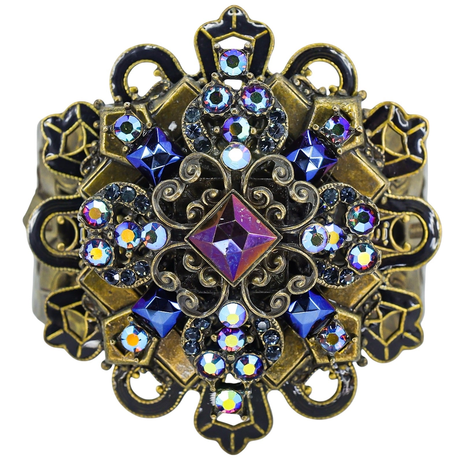 Early Studio Signed Sweet Romance Peacock Midnight Cross Cuff Bracelet In Bronze Finish
