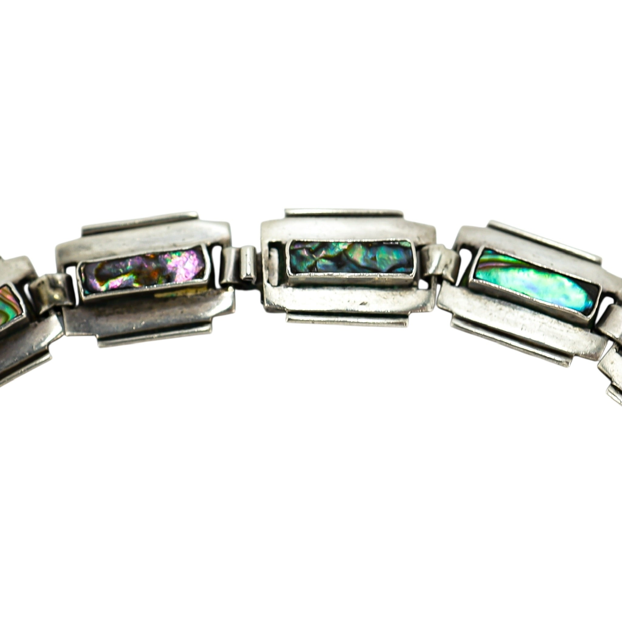 Vintage Taxco Sterling Silver Abalone Inlay Choker Necklace – 15” - Razor Blade Links