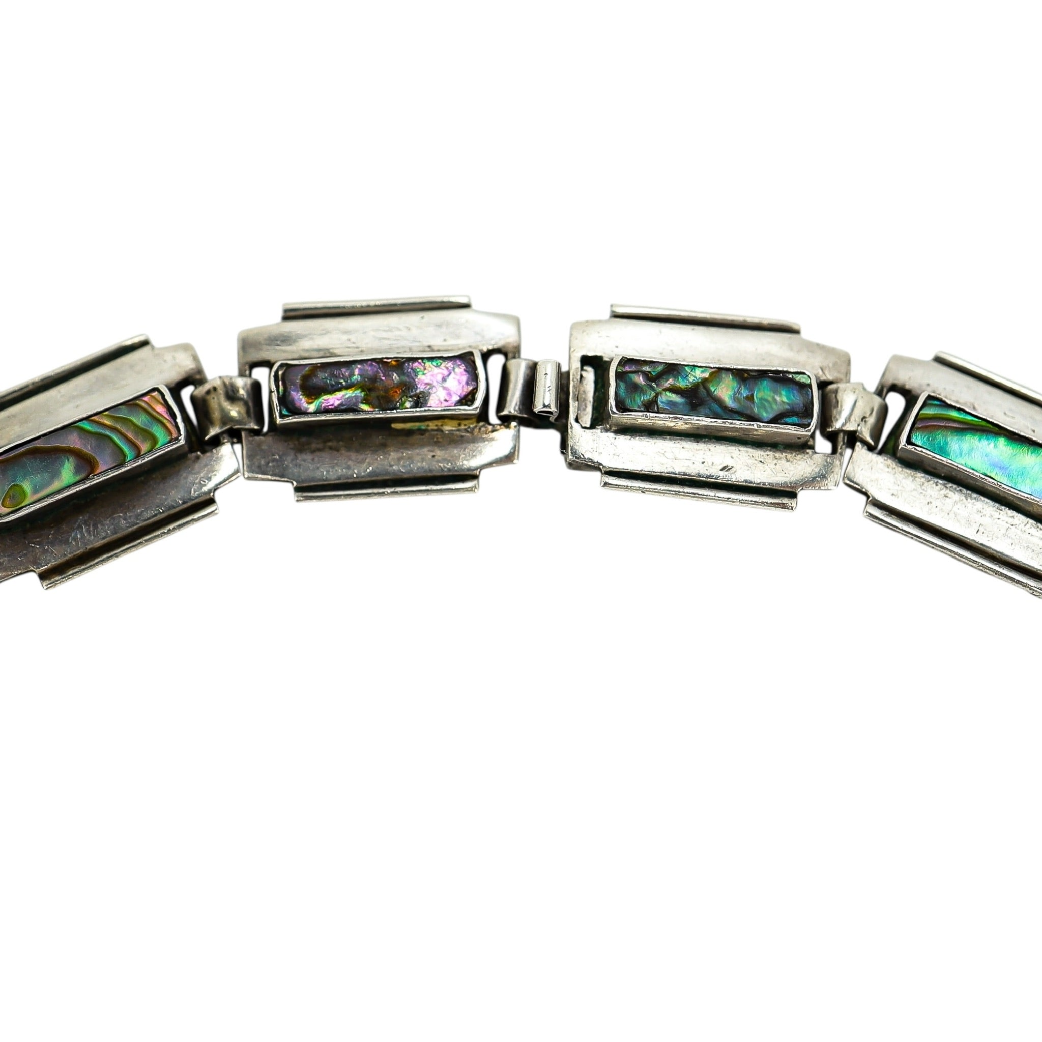 Vintage Taxco Sterling Silver Abalone Inlay Choker Necklace – 15” - Razor Blade Links