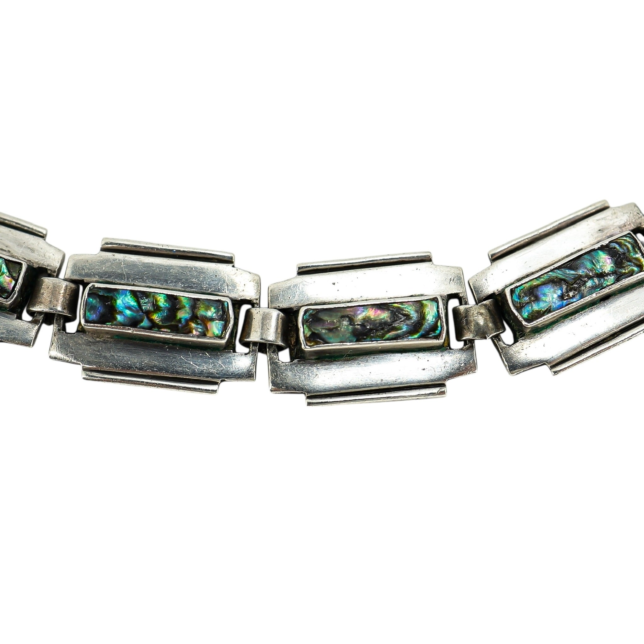 Vintage Taxco Sterling Silver Abalone Inlay Choker Necklace – 15” - Razor Blade Links