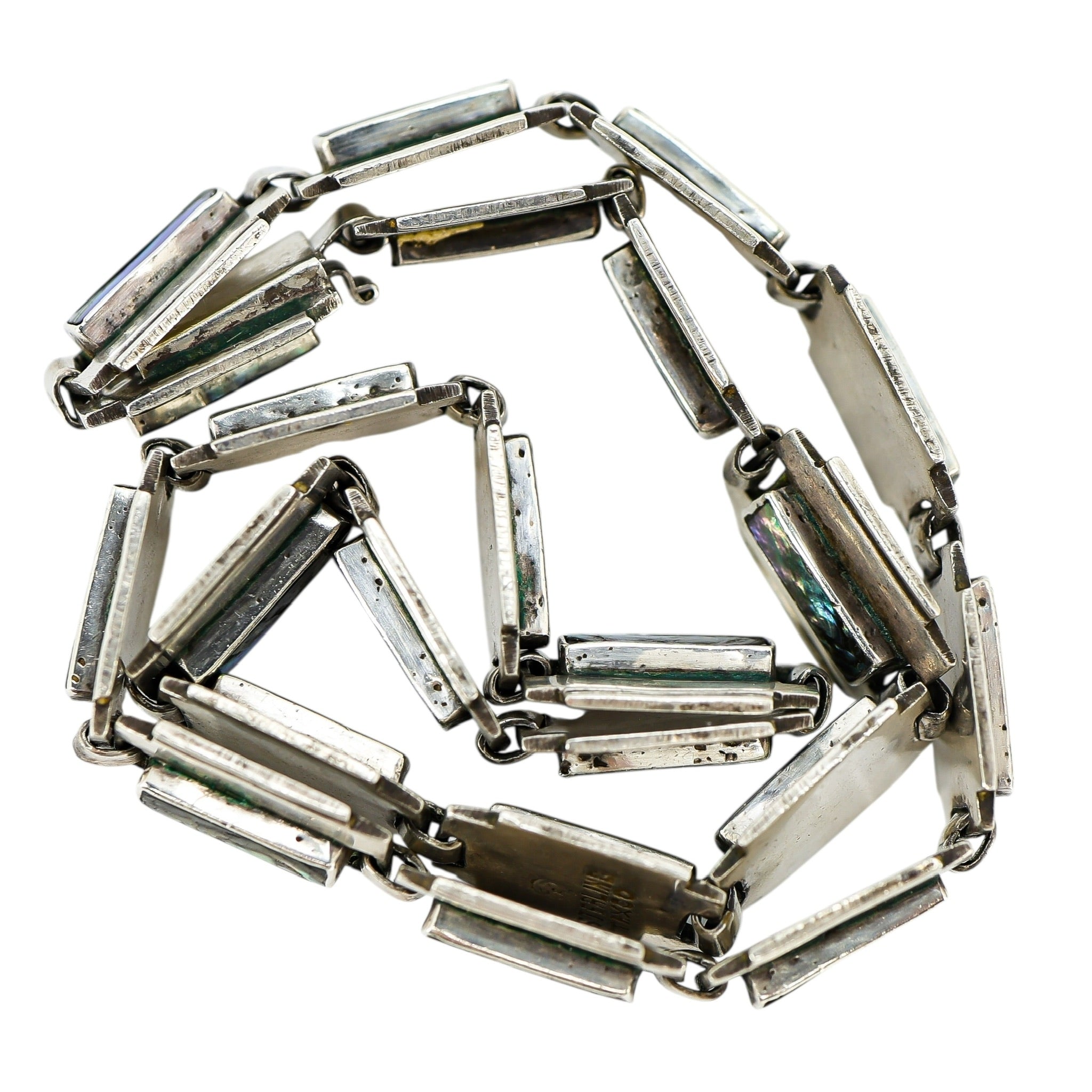 Vintage Taxco Sterling Silver Abalone Inlay Choker Necklace – 15” - Razor Blade Links