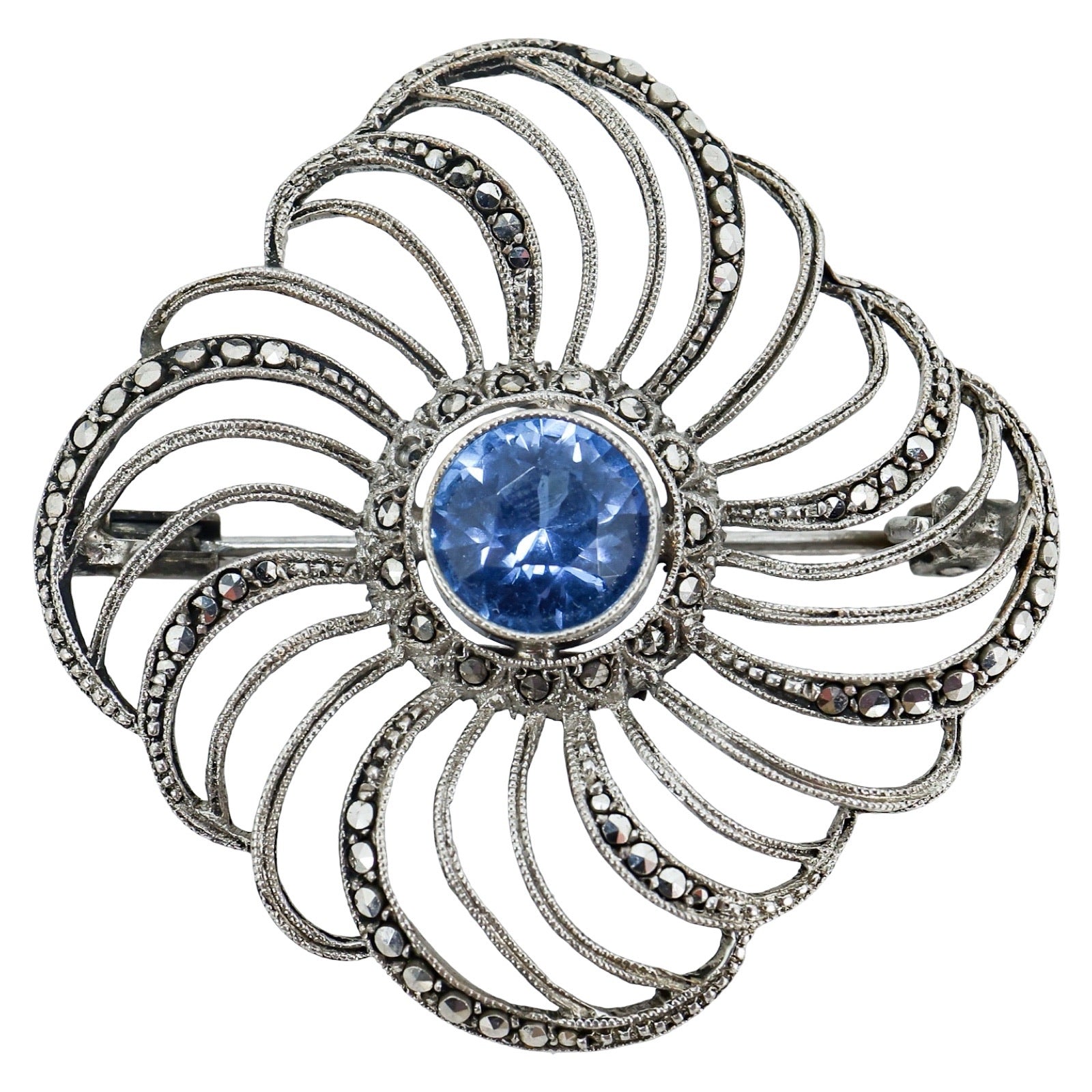 Vintage Teka Theodor Klotz Brooch Blue Spinel Marcasite Germany Art Deco Revival