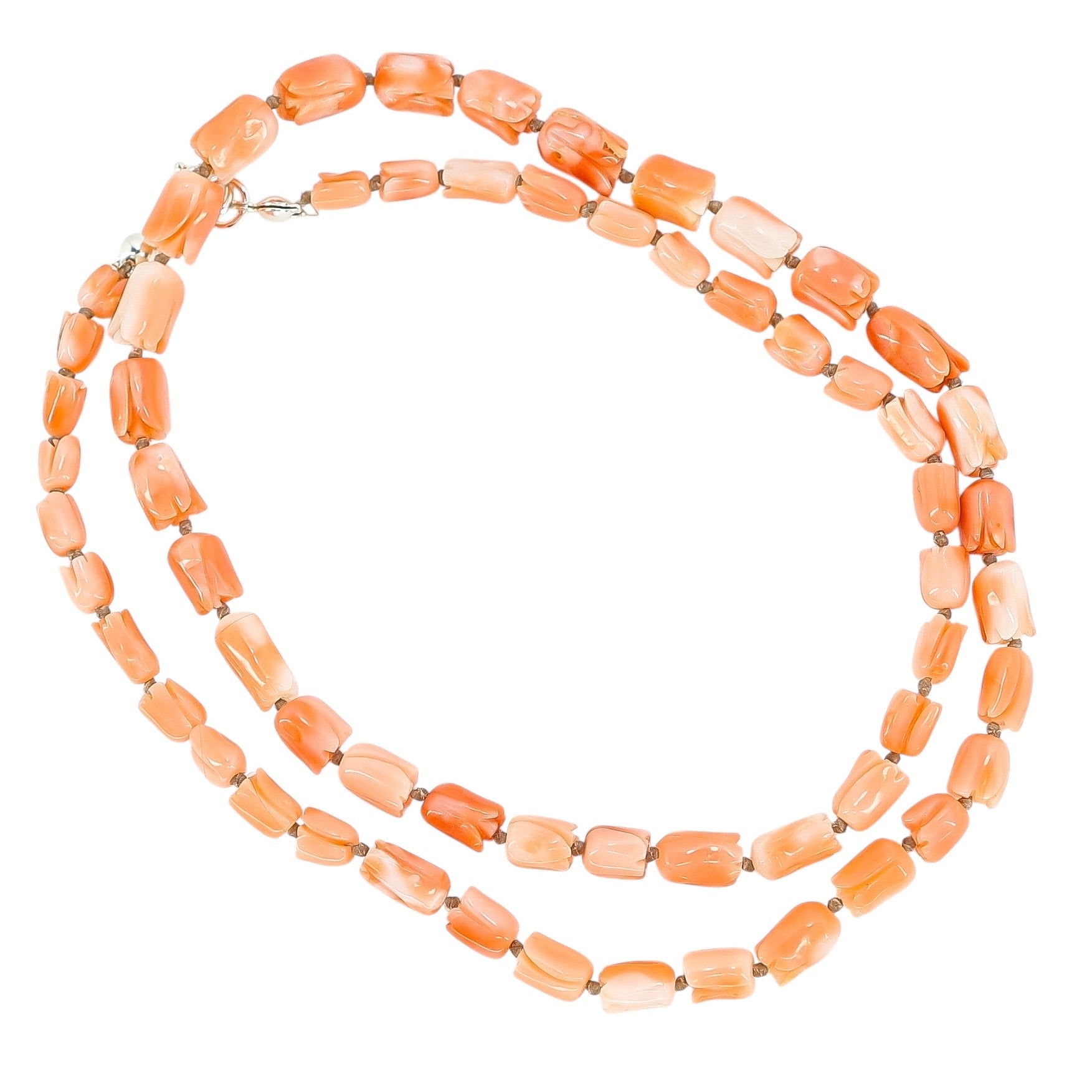 Vintage Tulip Bud Carved Salmon Pink Momo Coral Necklace (Var 2) 15g 19”