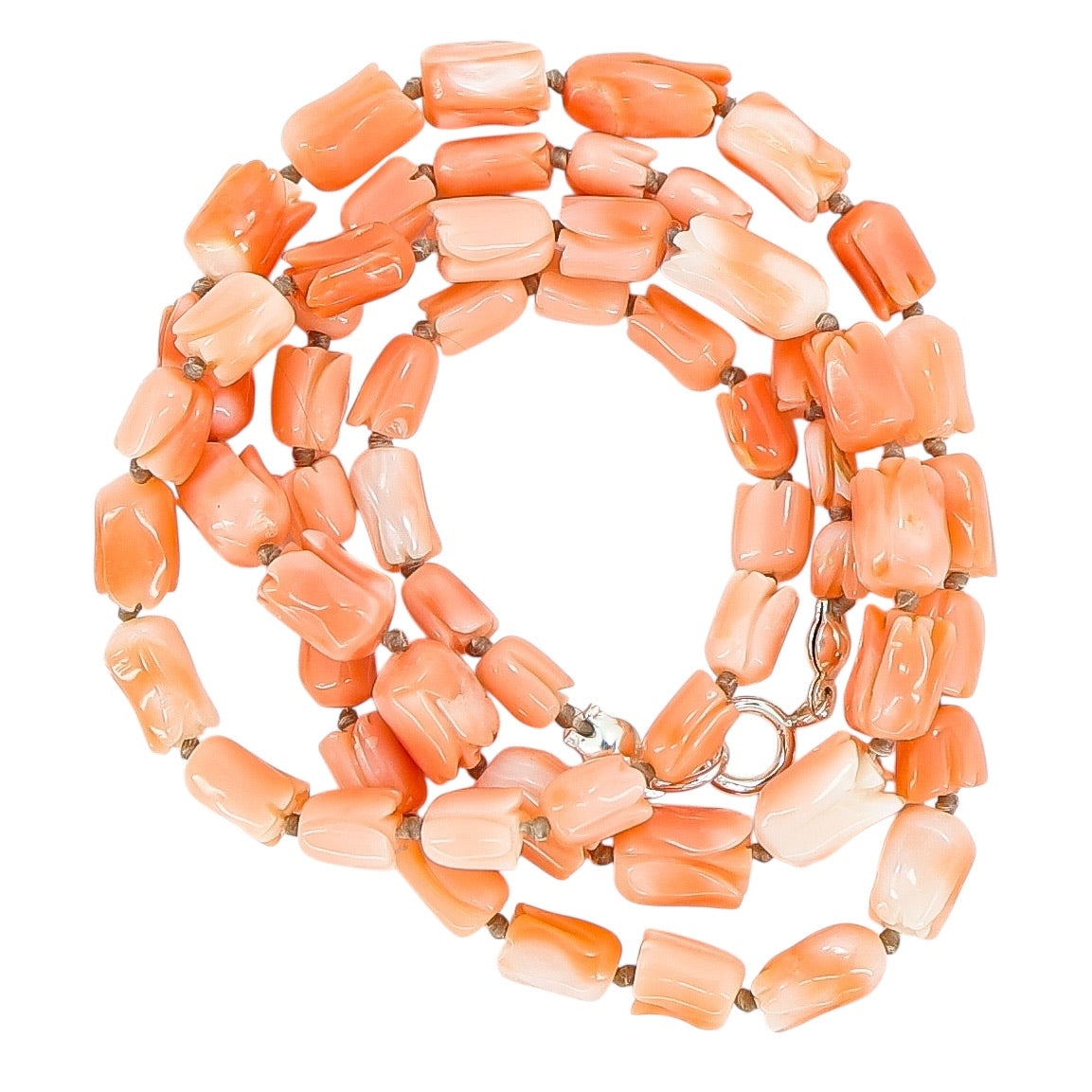 Vintage Tulip Bud Carved Salmon Pink Momo Coral Necklace (Var 2) 15g 19”