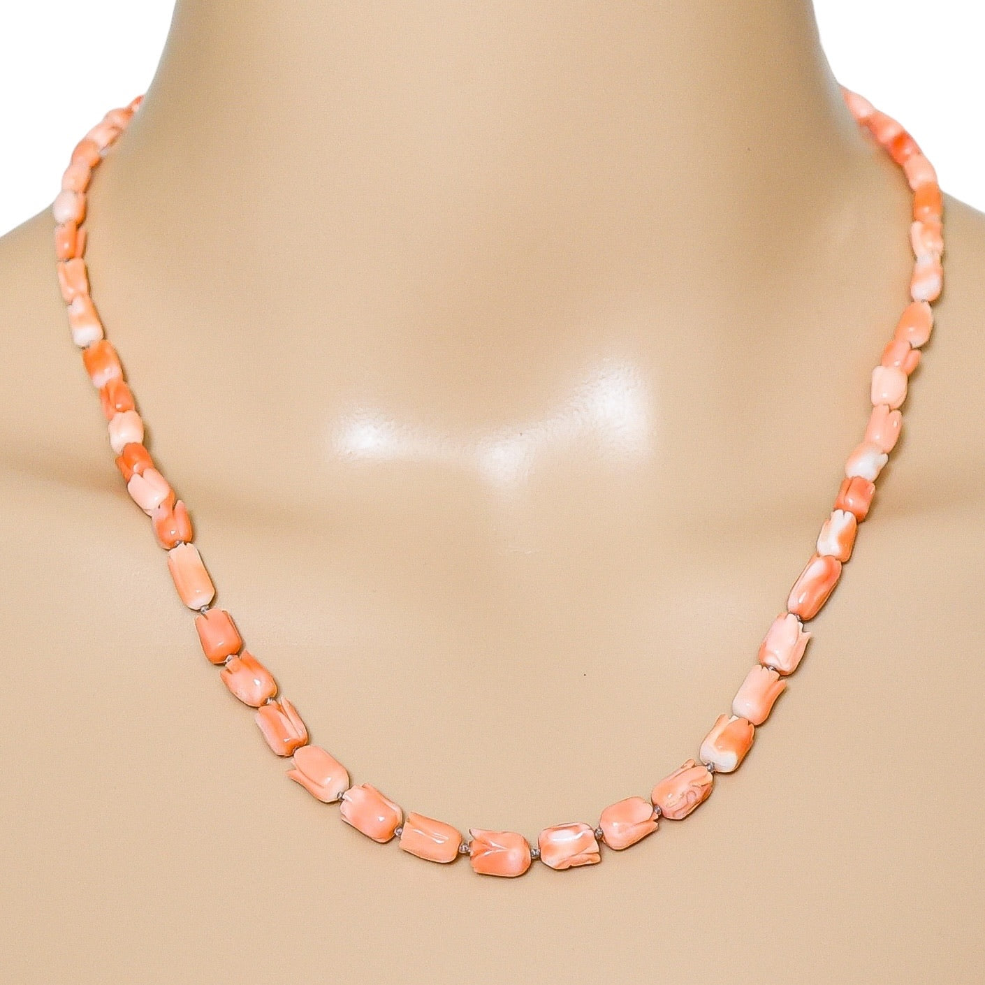 Vintage Tulip Bud Carved Salmon Pink Momo Coral Necklace (Var 2) 15g 19”
