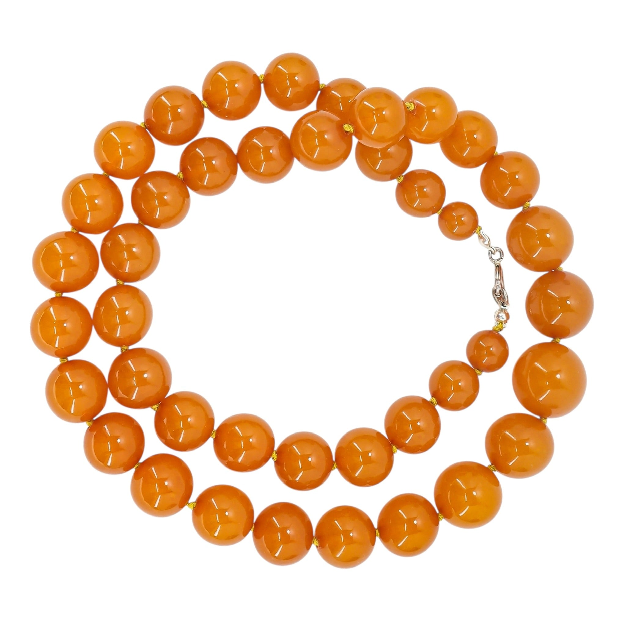 Golden Orange Baltic Amber Bead Necklace 24” 57g 80s USSR Origin Restrung W Sterling Clasp