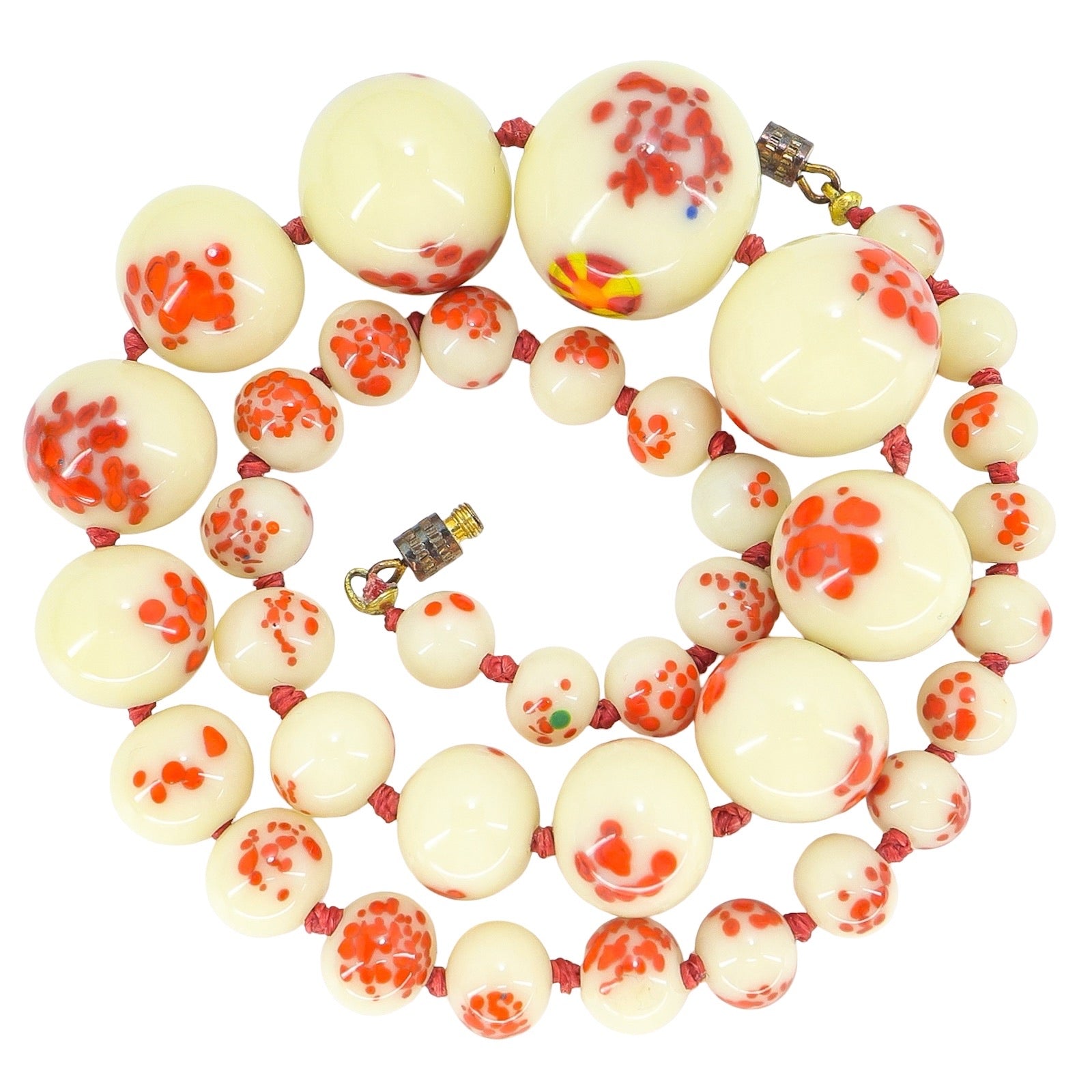 Venetian Custard Uranium Glass Bead Necklace UV Reactive – Red Frit Beads, Vintage 1930s