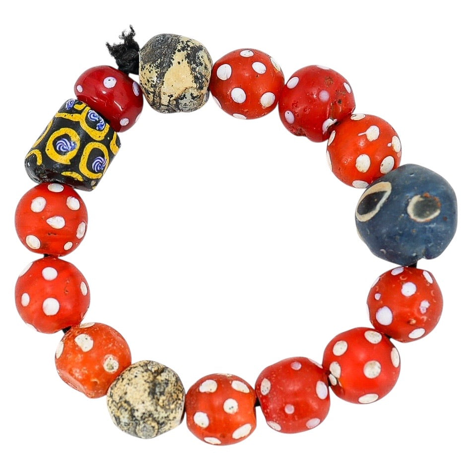 Vintage Antique Venetian Red Skunk And Other Collectible Trade Beads Bracelet