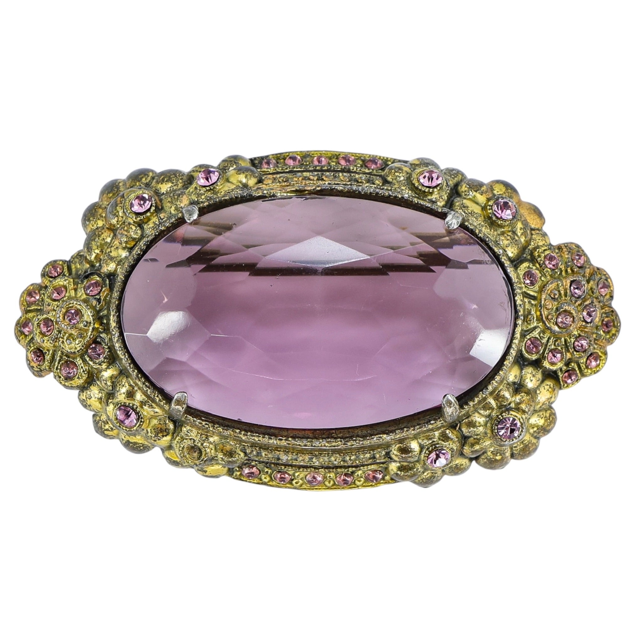 Vintage 1930s Art Deco Brass & Amethyst Glass Brooch - Intense UV Green Manganese Glow