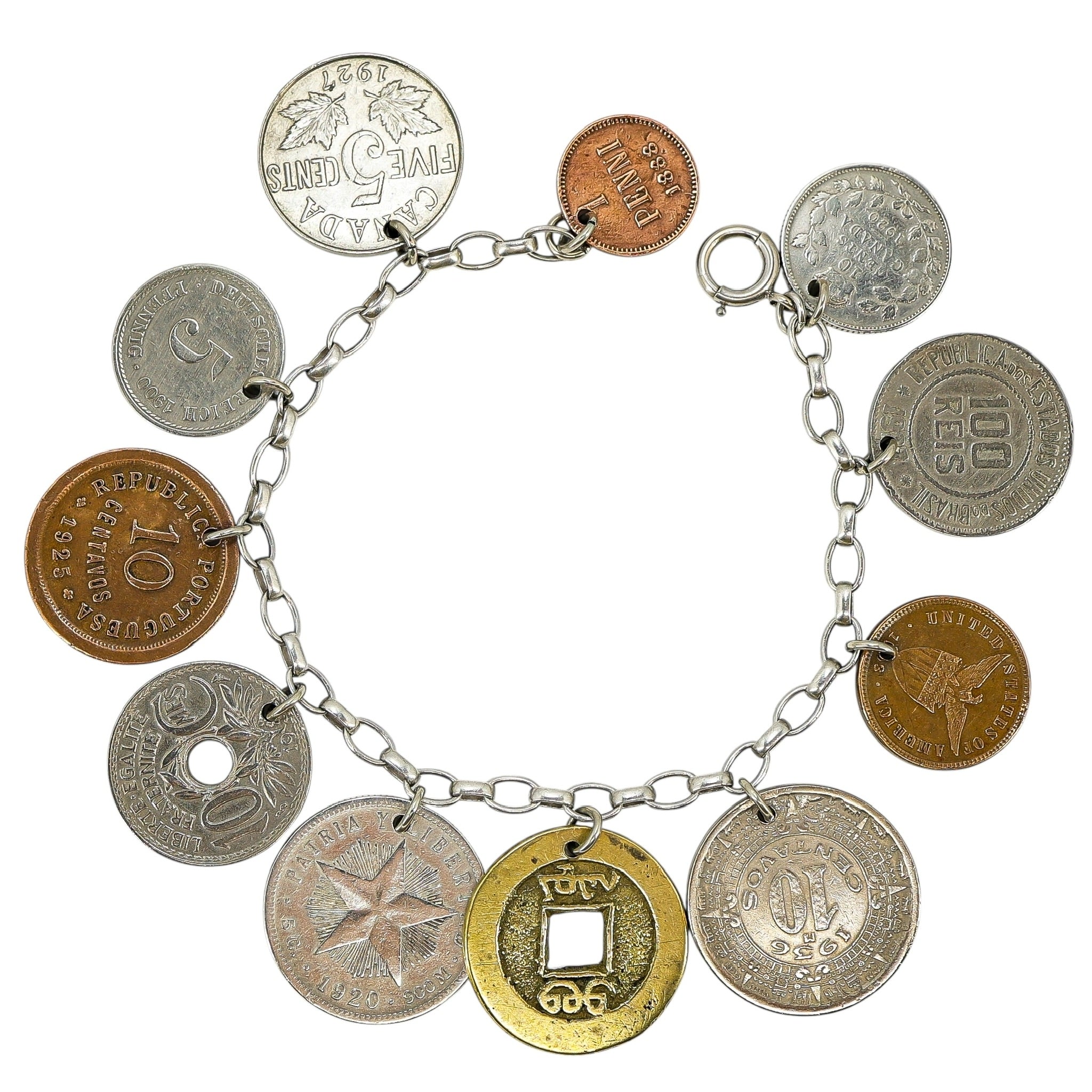 Vintage Coin Charm World Travel Bracelet Assembled Ca 1930-40s
