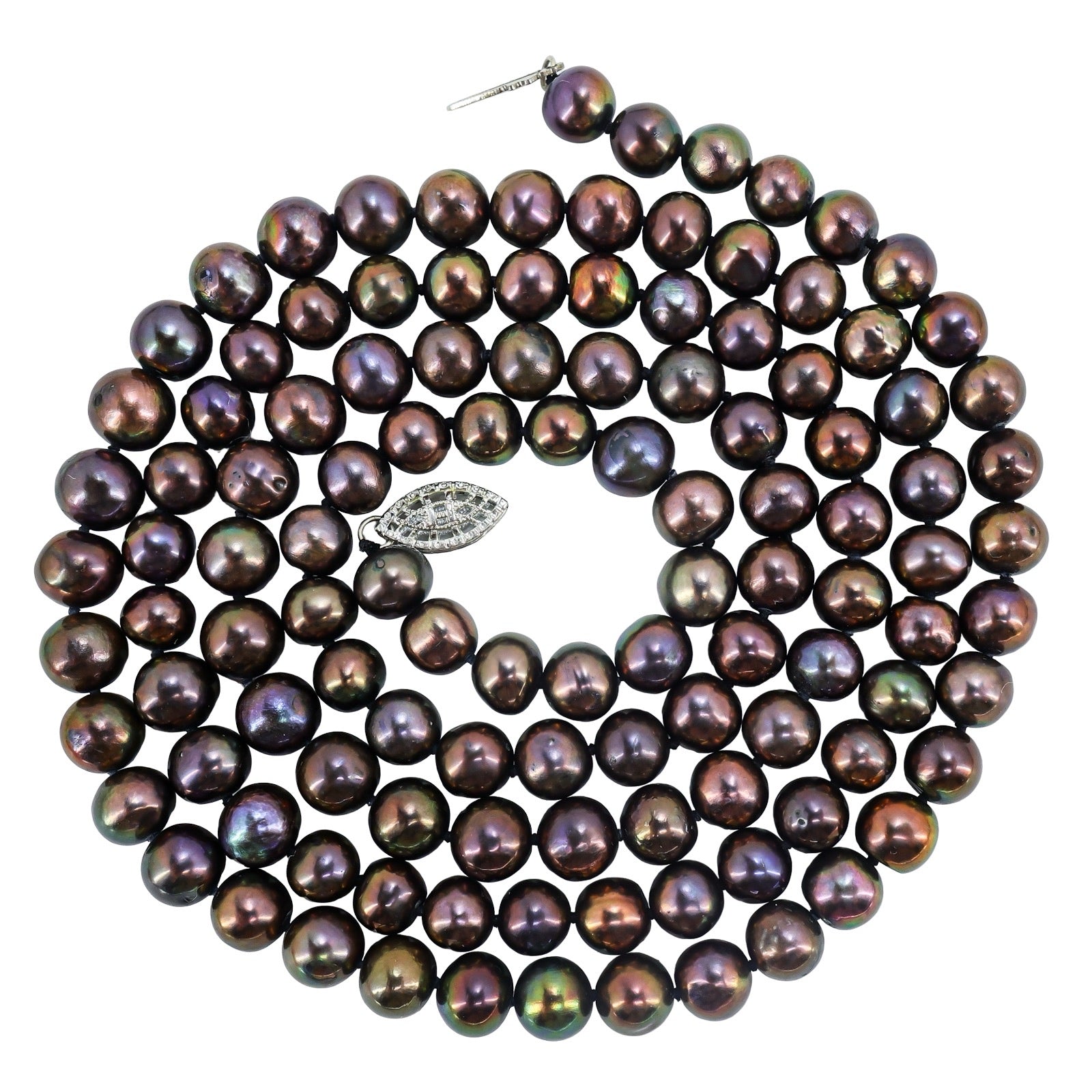 Vintage 1970s Near-Round Peacock Bronze Irradiated Pearl Necklace 33" 14/20 Clasp
