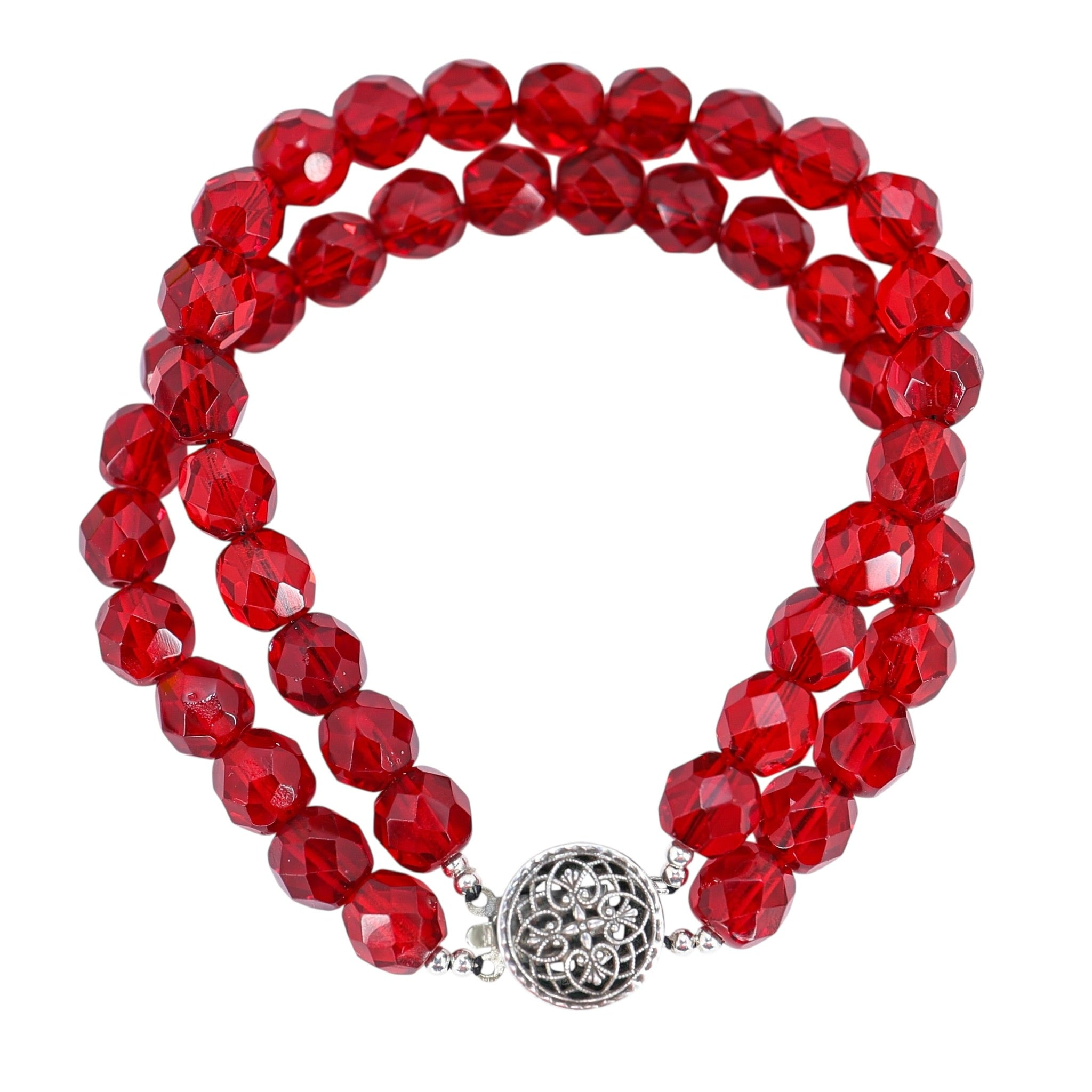 Red Faceted Glass Beaded Bracelet With Filigree Sterling Clasp