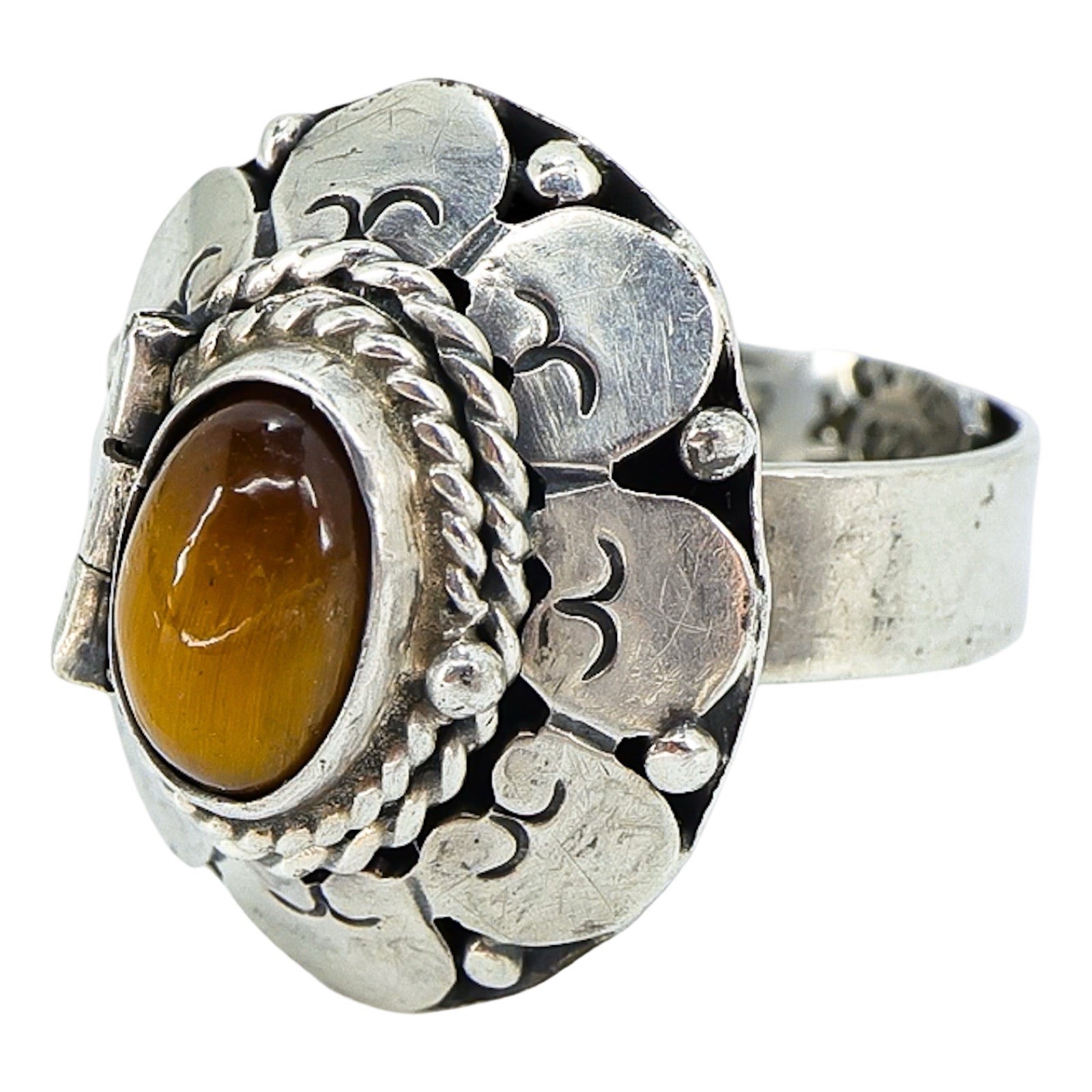 Vintage Mexico Sterling Silver Poison Ring Eagle 3 JFC Tiger Eye Pinky Adjustable