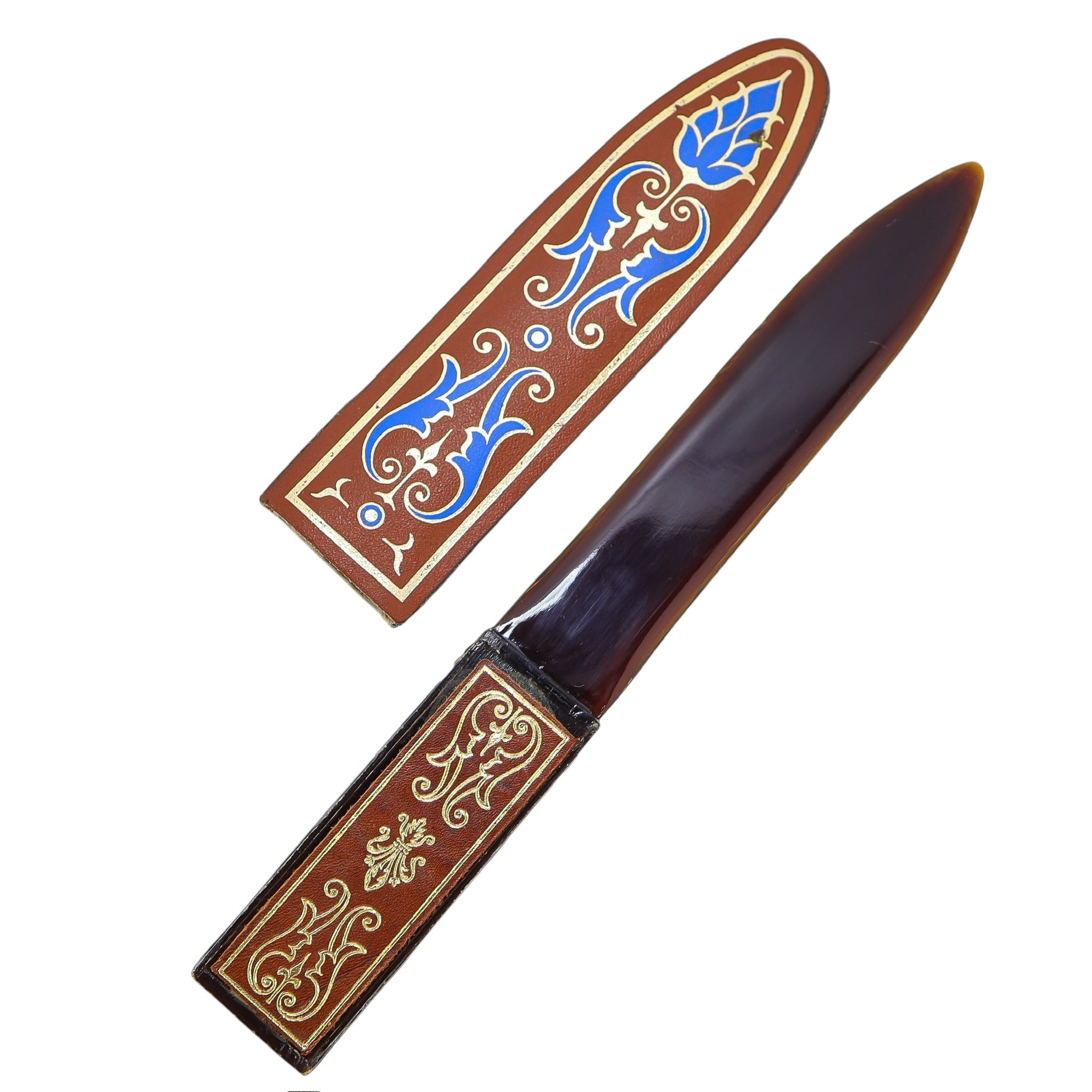 Vintage MCM Letter Opener Faux Dagger Celluloid Acetate w Tooled Leather Sheath