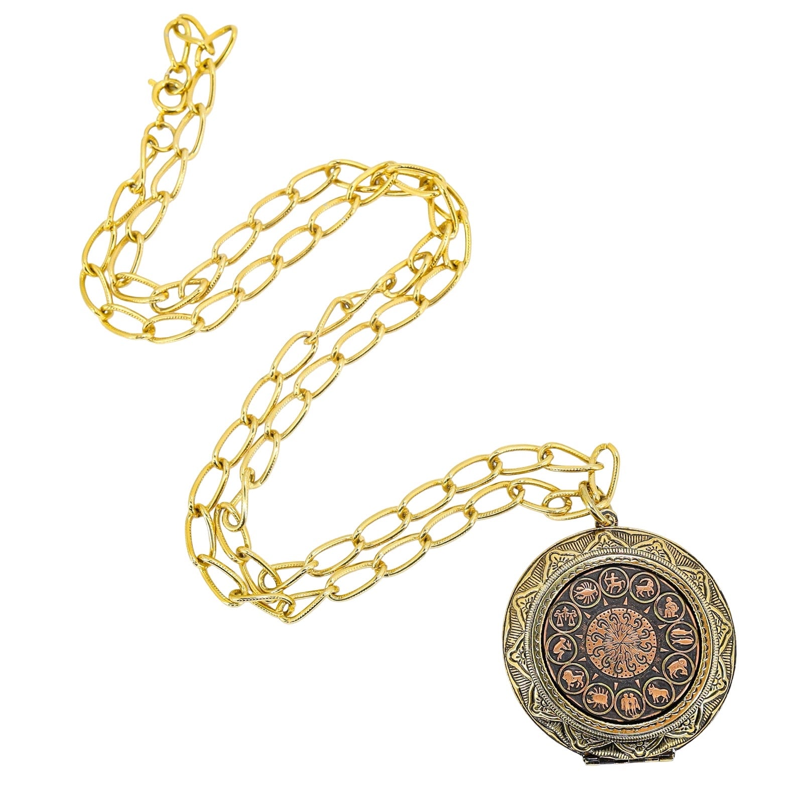 Vintage Zodiac Locket Pendant Necklace 12 Zodiacal Signs Copper & Goldtone