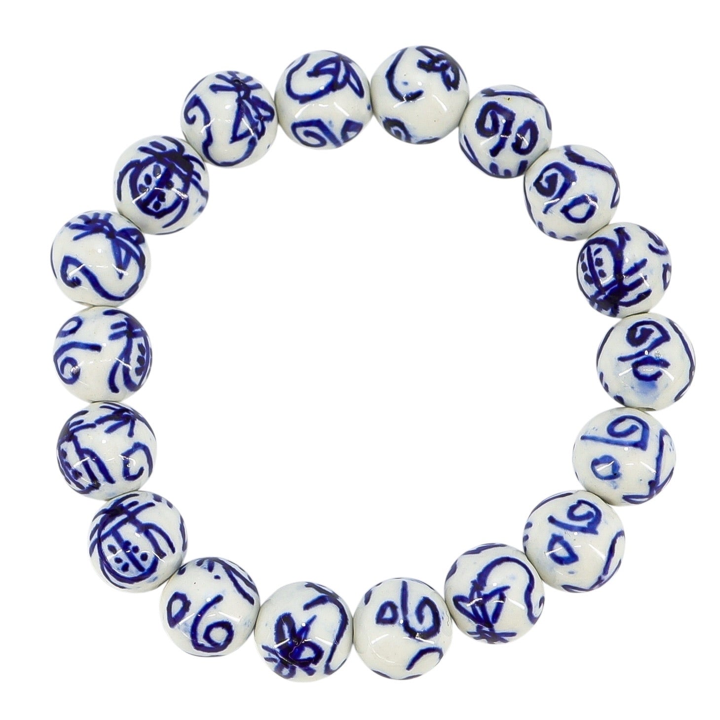 Cottagecore Nature Inspired White Blue Porcelain Bead Bracelet - Beatle, Bugs Motif