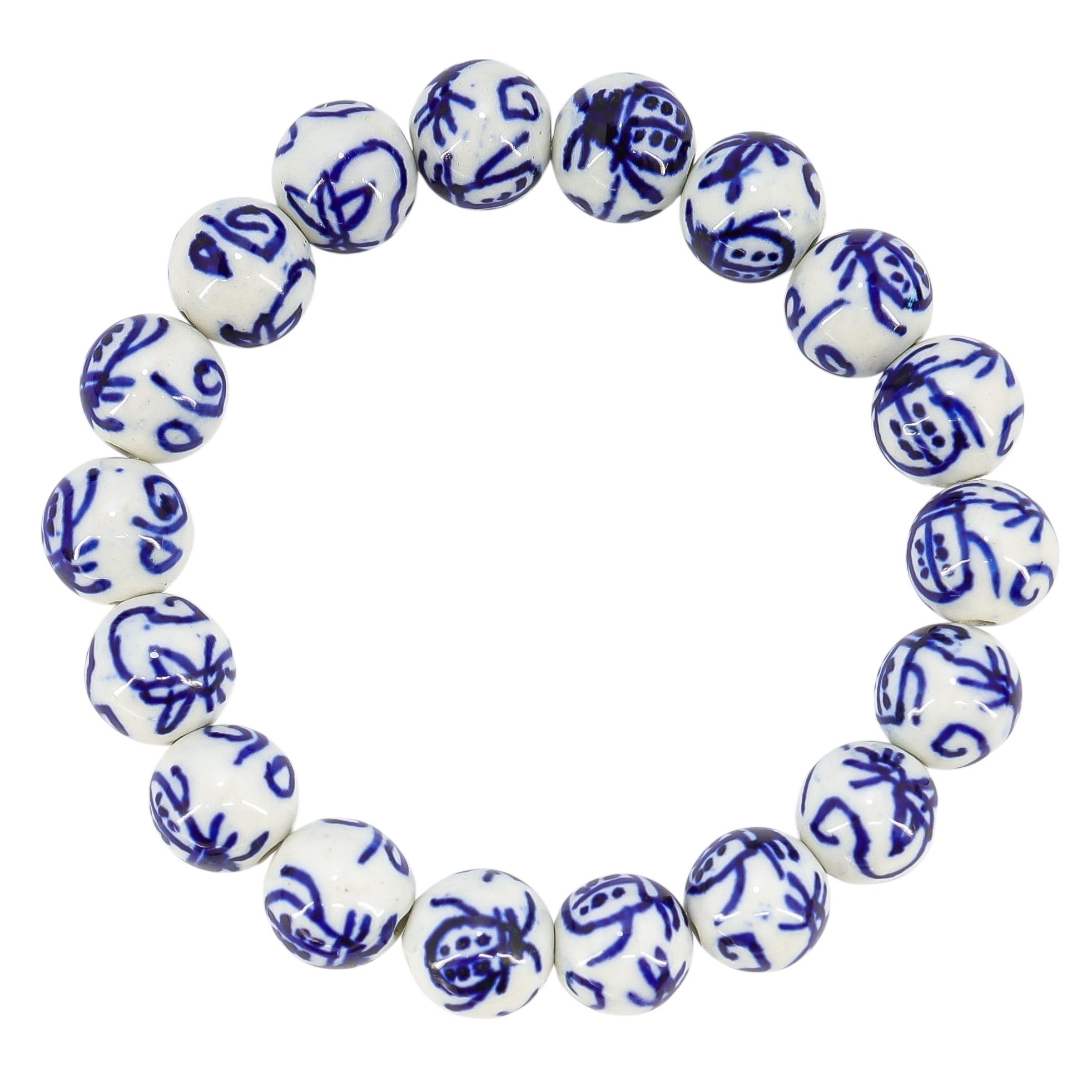 Cottagecore Nature Inspired White Blue Porcelain Bead Bracelet - Beatle, Bugs Motif