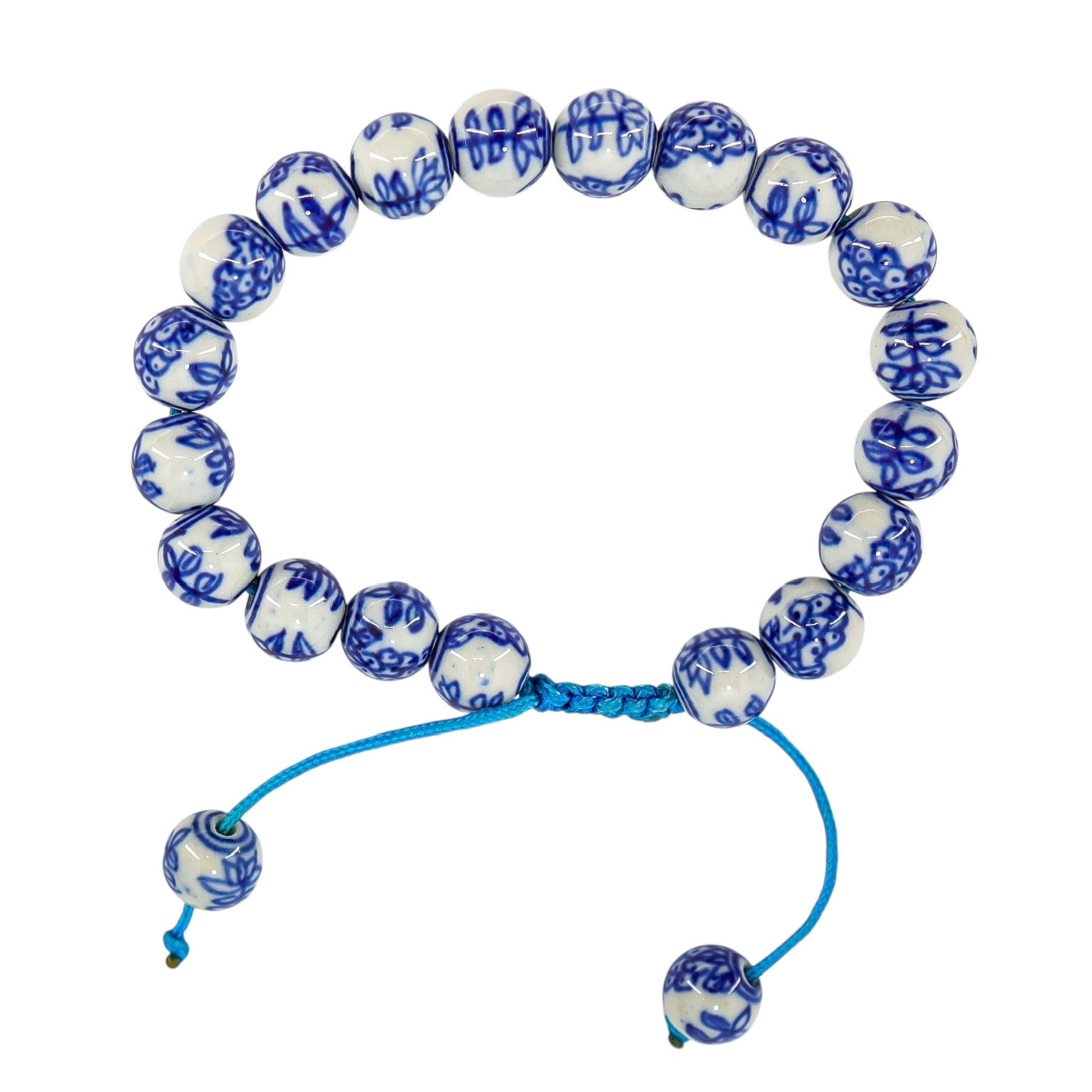 White Blue Chinese Handpainted Porcelain Bead Bracelet, Botanical Motif