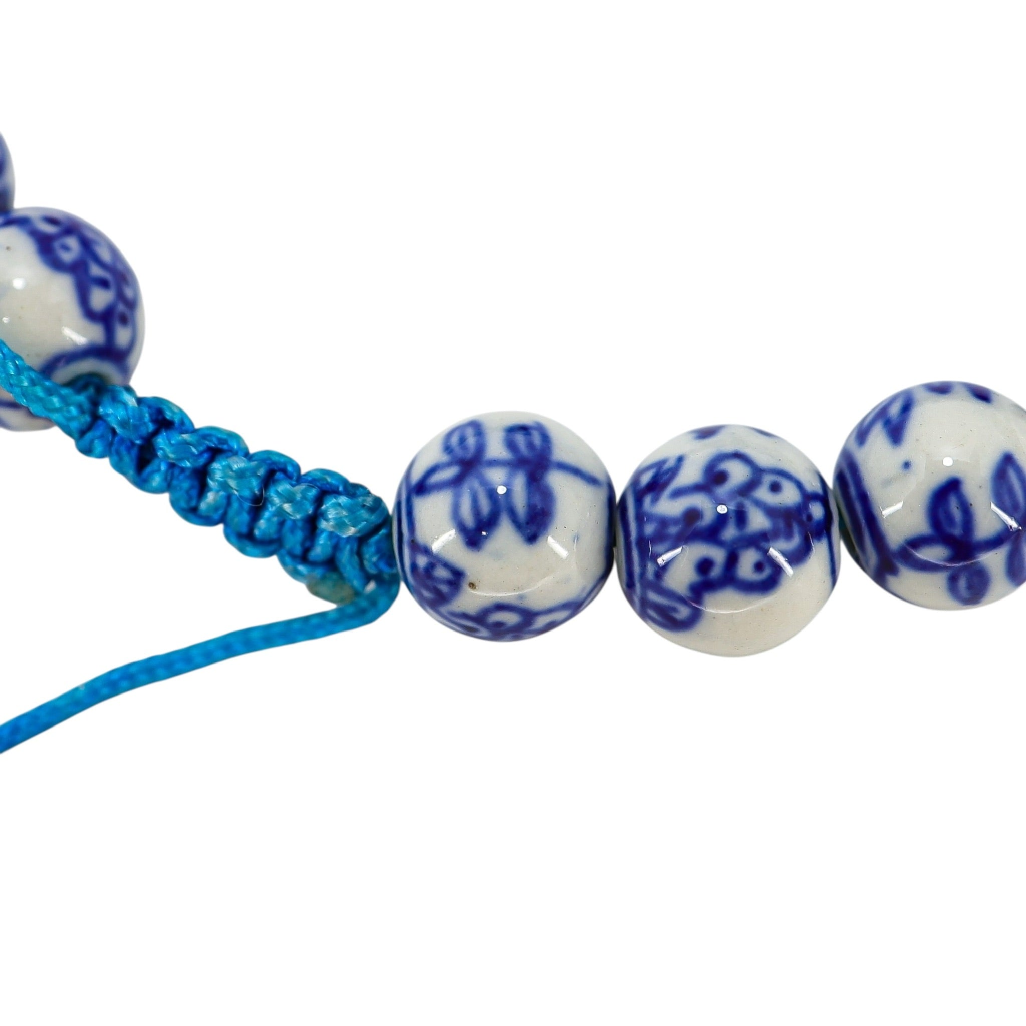 White Blue Chinese Handpainted Porcelain Bead Bracelet, Botanical Motif