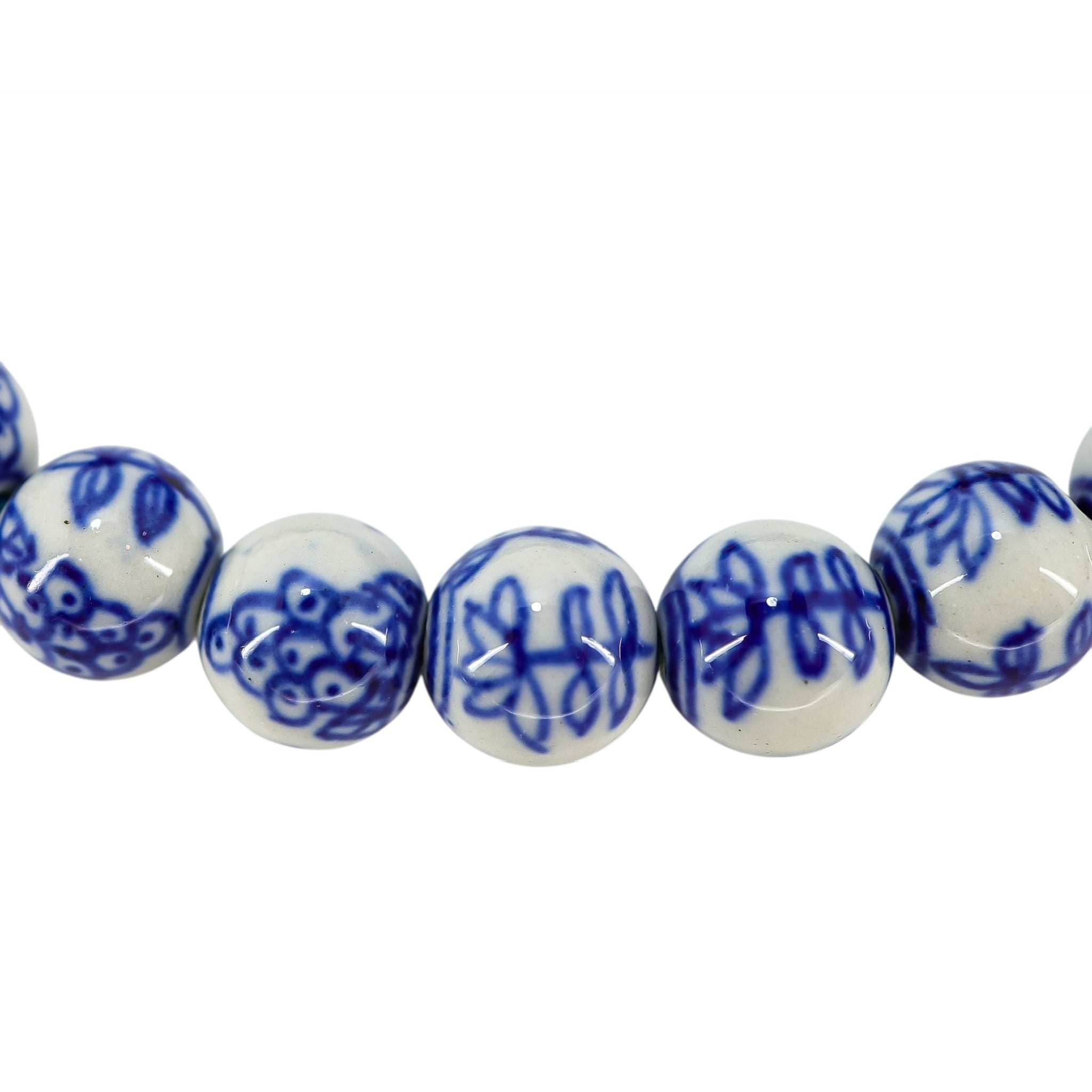 White Blue Chinese Handpainted Porcelain Bead Bracelet, Botanical Motif