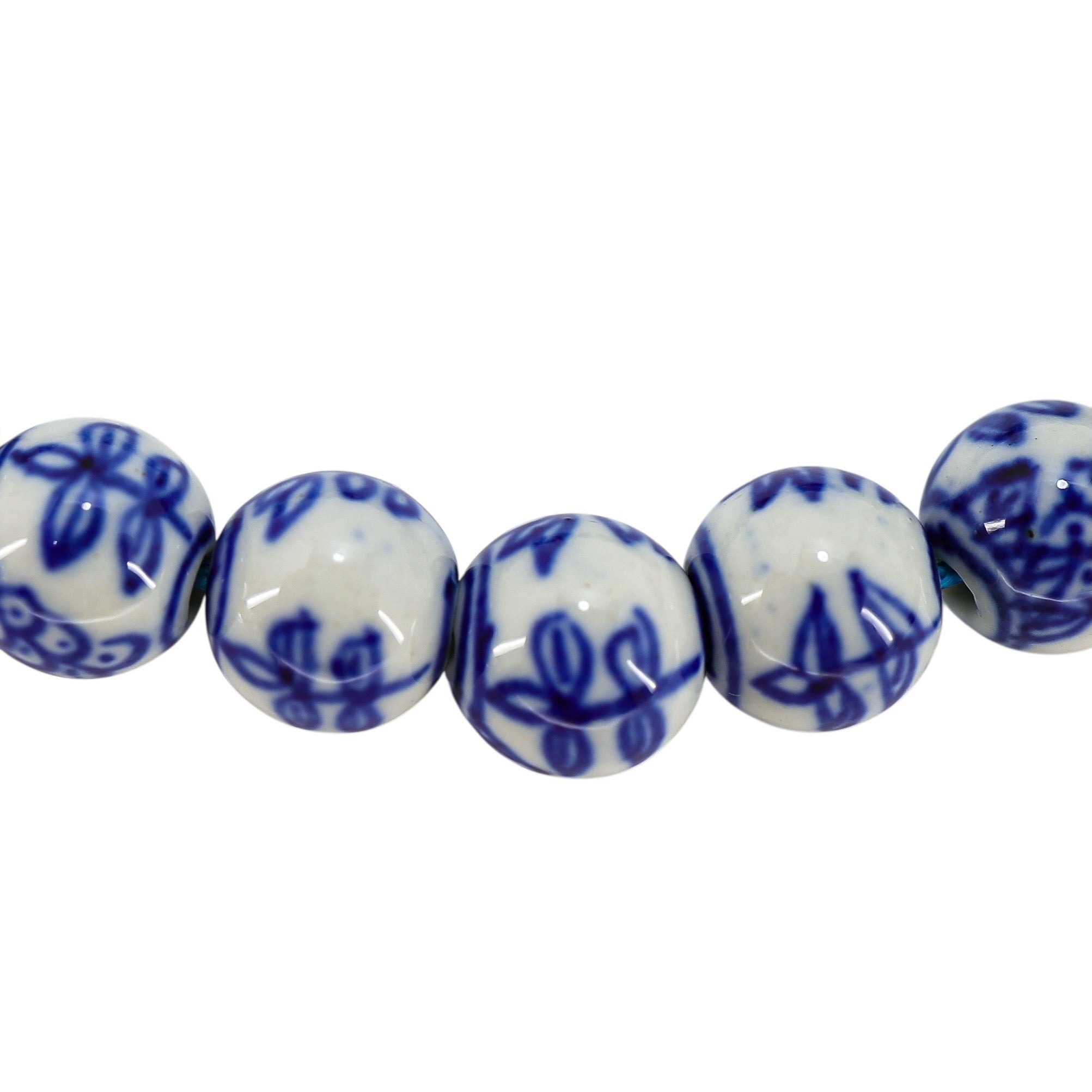 White Blue Chinese Handpainted Porcelain Bead Bracelet, Botanical Motif