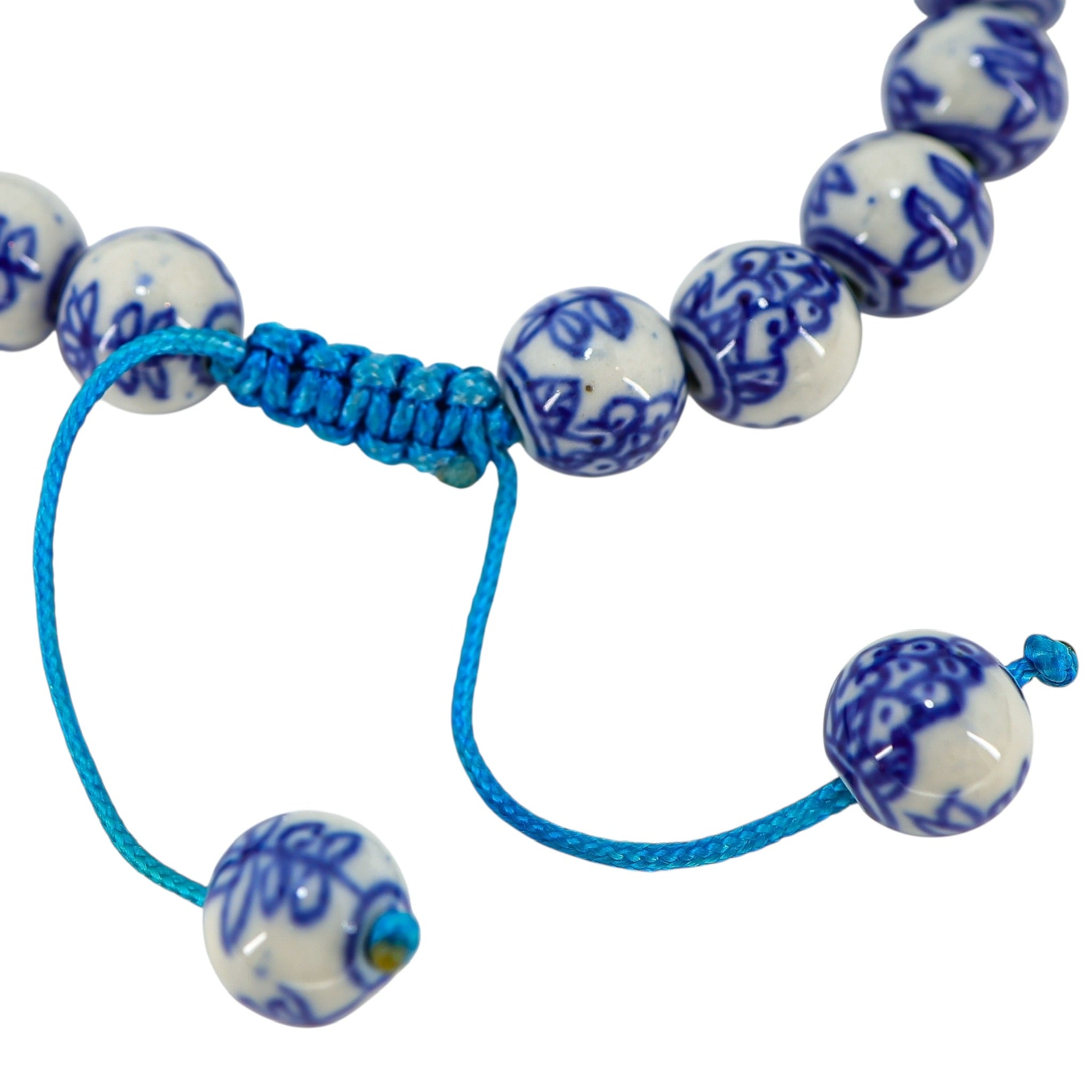 White Blue Chinese Handpainted Porcelain Bead Bracelet, Botanical Motif