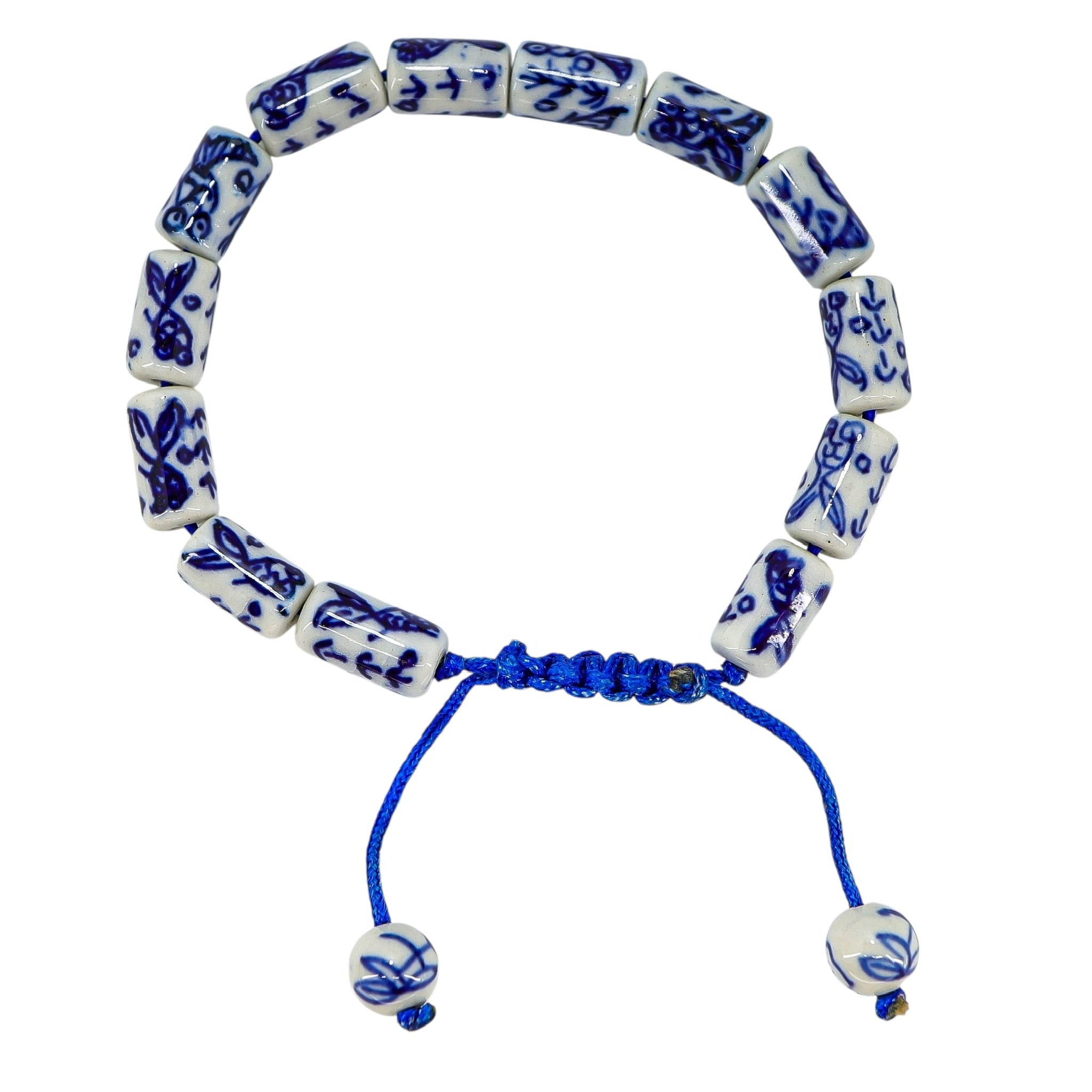 White & Blue Chinese Handpainted Porcelain Bead Bracelet, 11mm Tubes  - Fish Motif