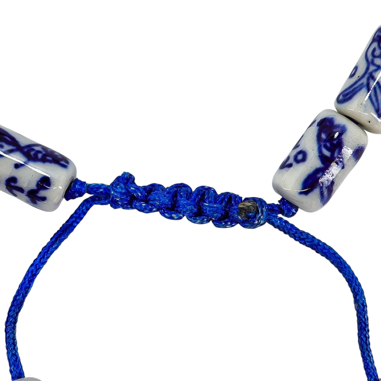 White & Blue Chinese Handpainted Porcelain Bead Bracelet, 11mm Tubes  - Fish Motif