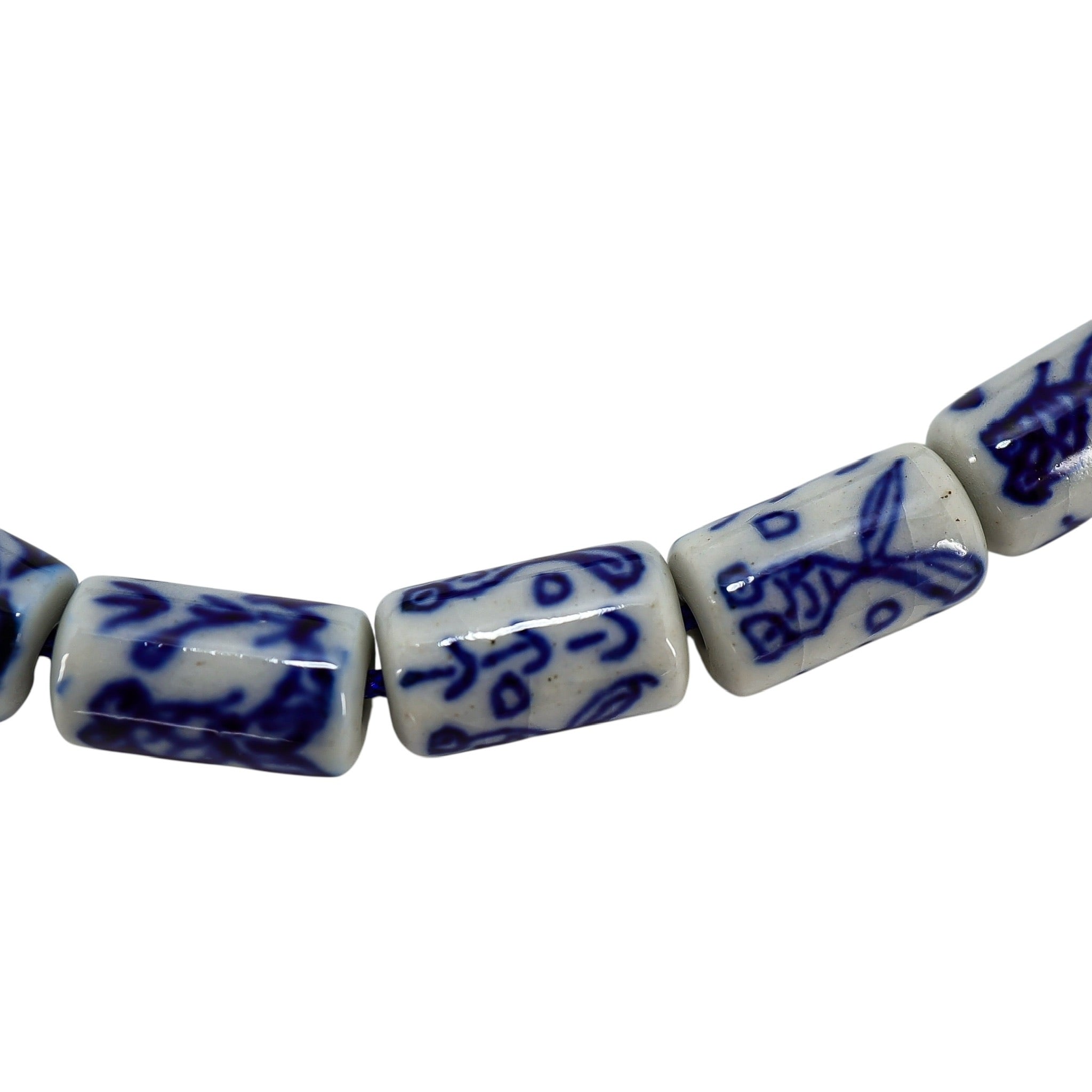 White & Blue Chinese Handpainted Porcelain Bead Bracelet, 11mm Tubes  - Fish Motif