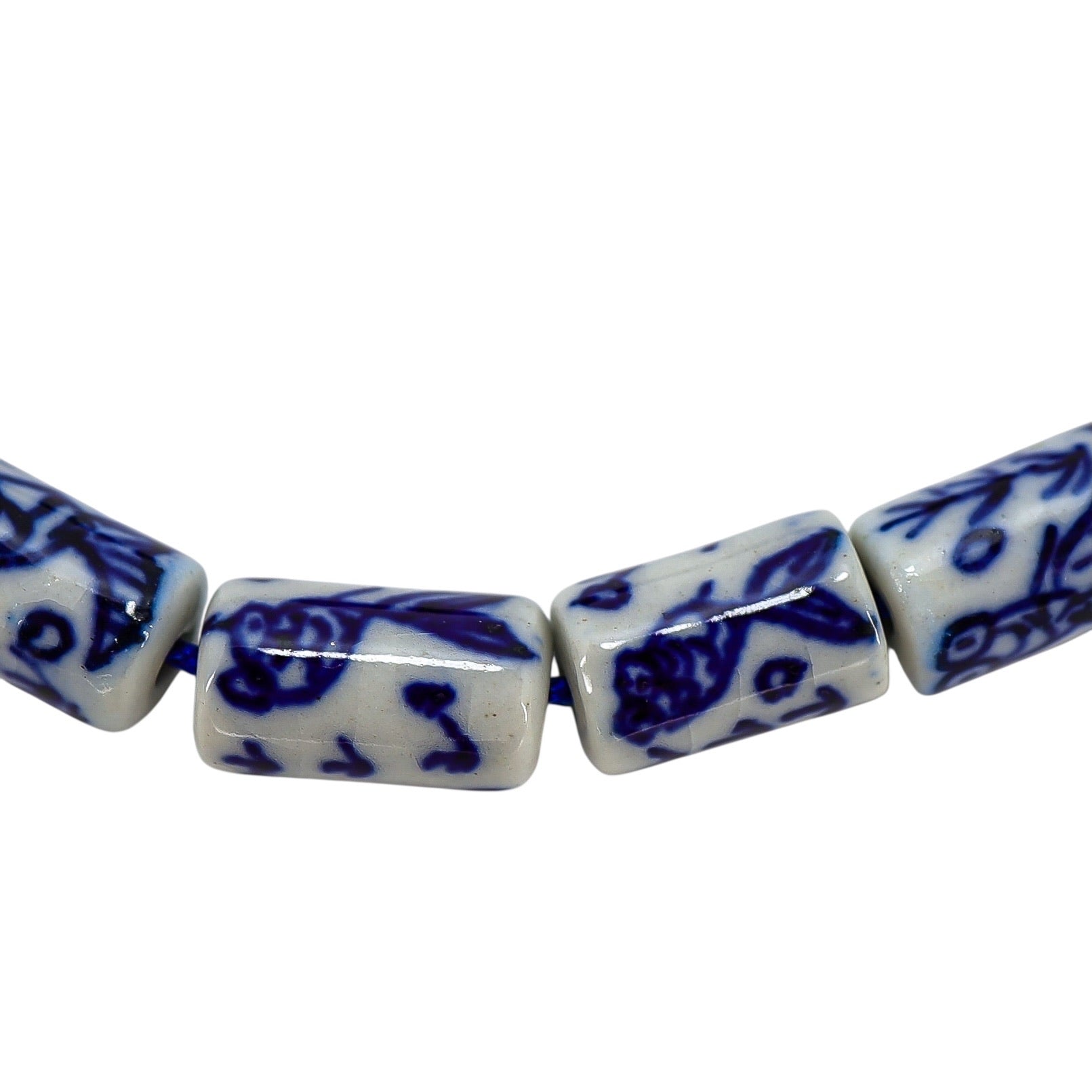 White & Blue Chinese Handpainted Porcelain Bead Bracelet, 11mm Tubes  - Fish Motif
