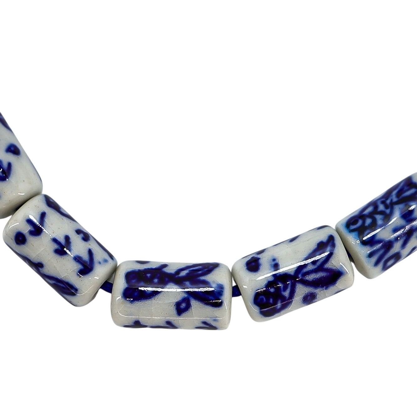 White & Blue Chinese Handpainted Porcelain Bead Bracelet, 11mm Tubes  - Fish Motif