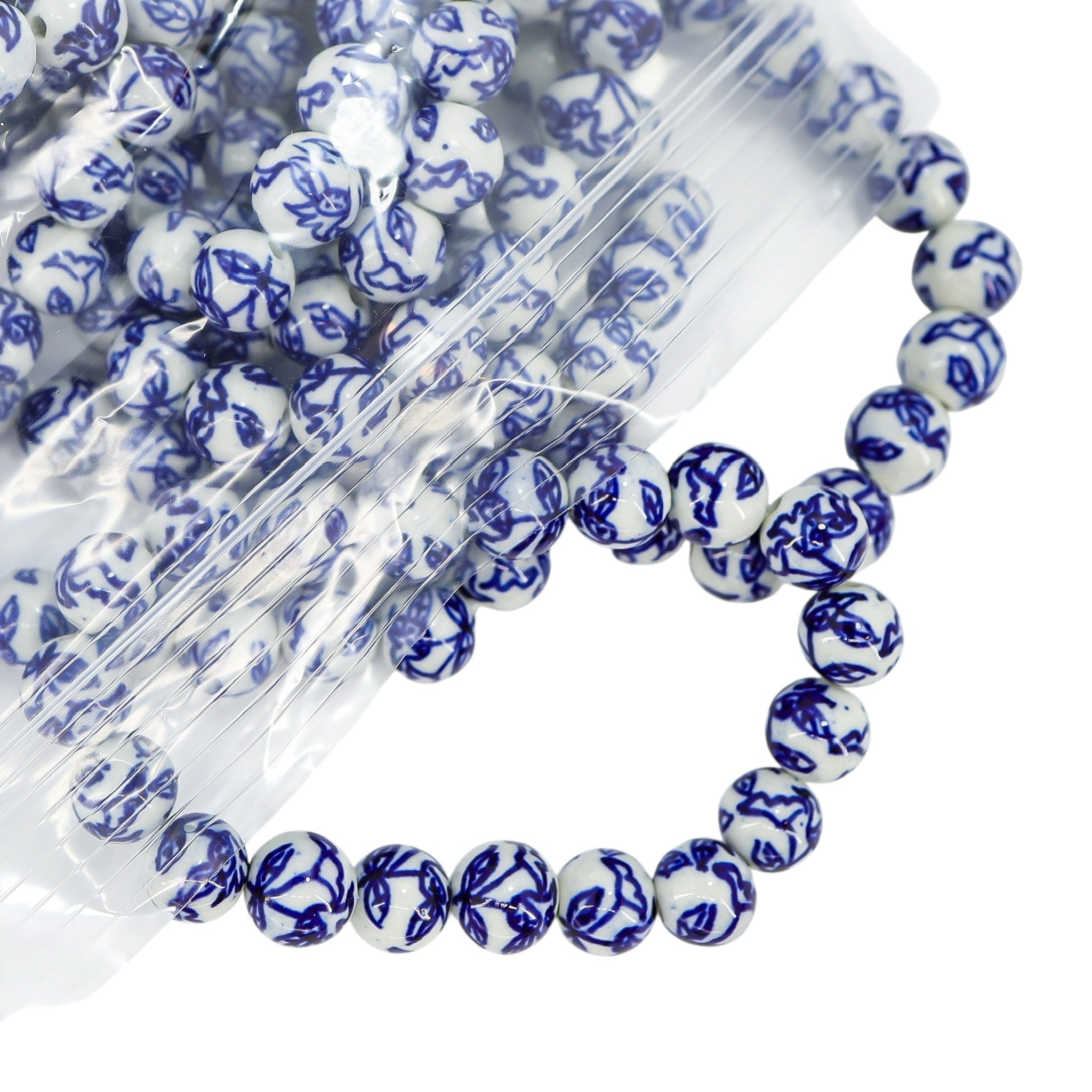 Cottagecore Floral White Blue Hand Painted Porcelain Bead Bracelet