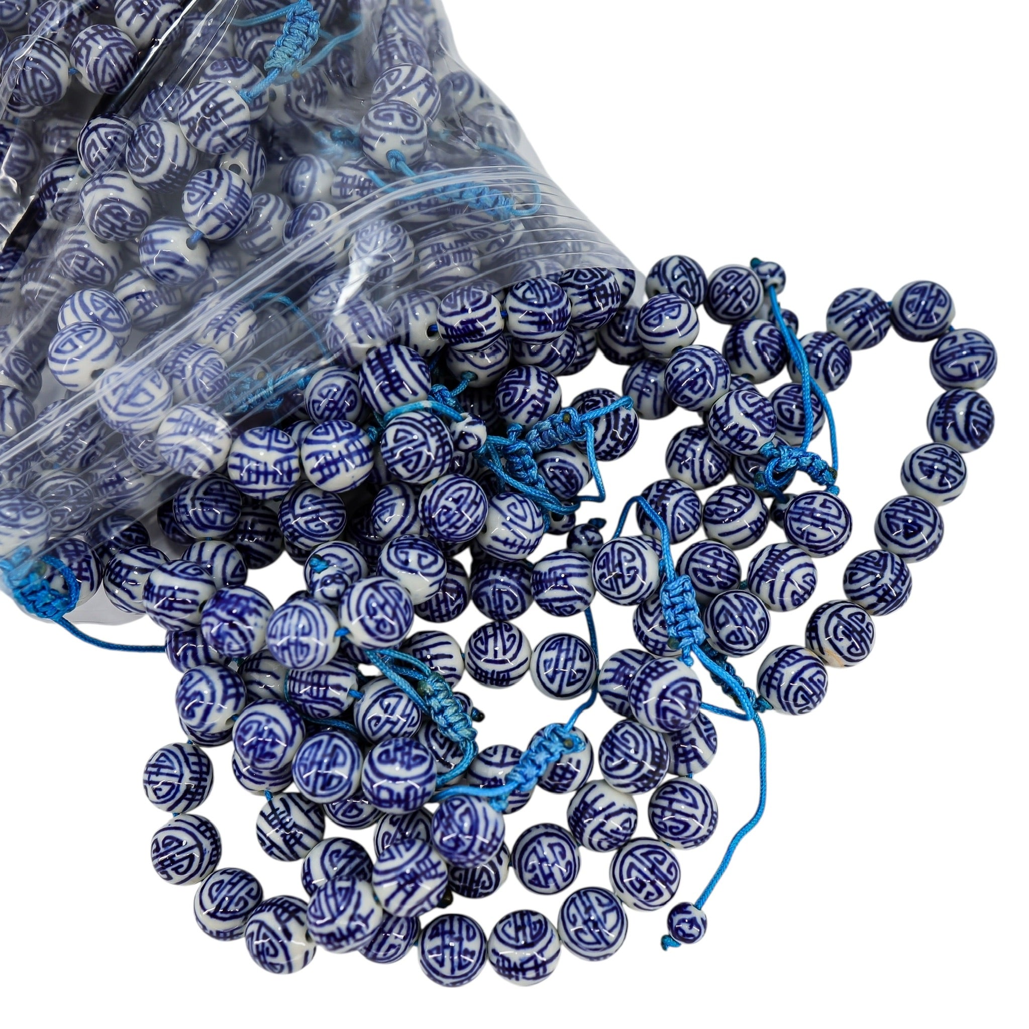 White & Blue Chinese Handpainted Porcelain Bead Bracelet, 12mm - Stylized Longevity Symbol