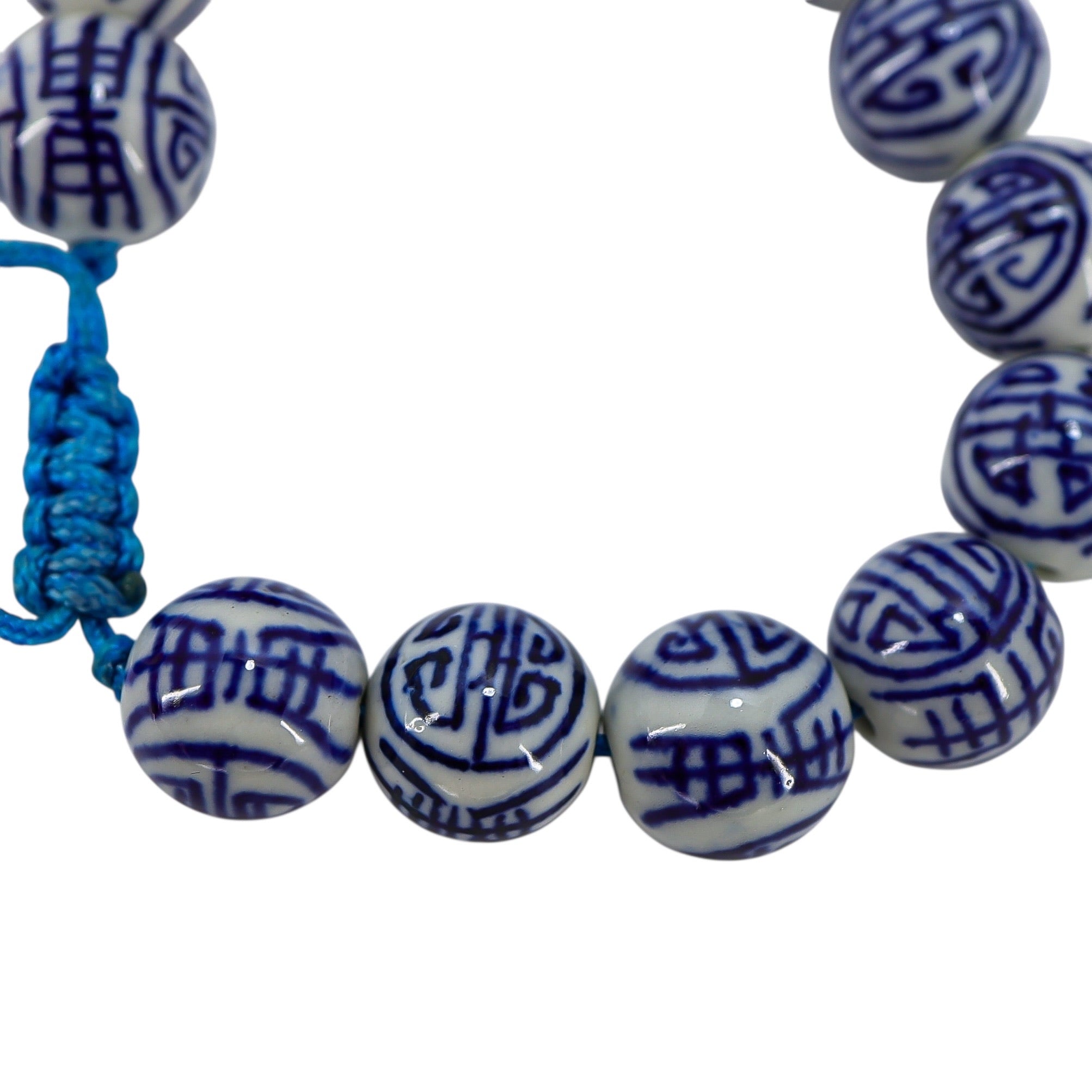 White & Blue Chinese Handpainted Porcelain Bead Bracelet, 12mm - Stylized Longevity Symbol