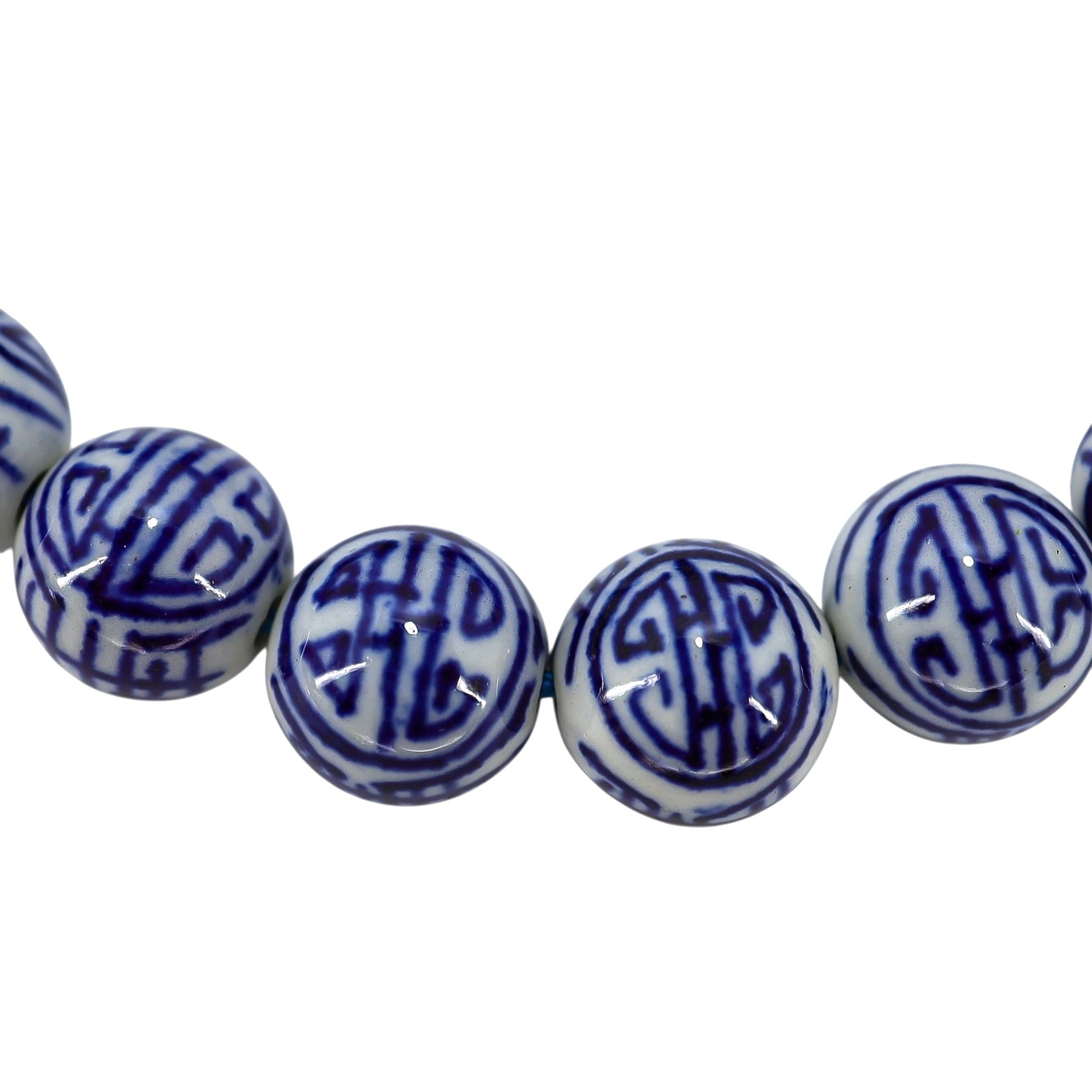 White & Blue Chinese Handpainted Porcelain Bead Bracelet, 12mm - Stylized Longevity Symbol