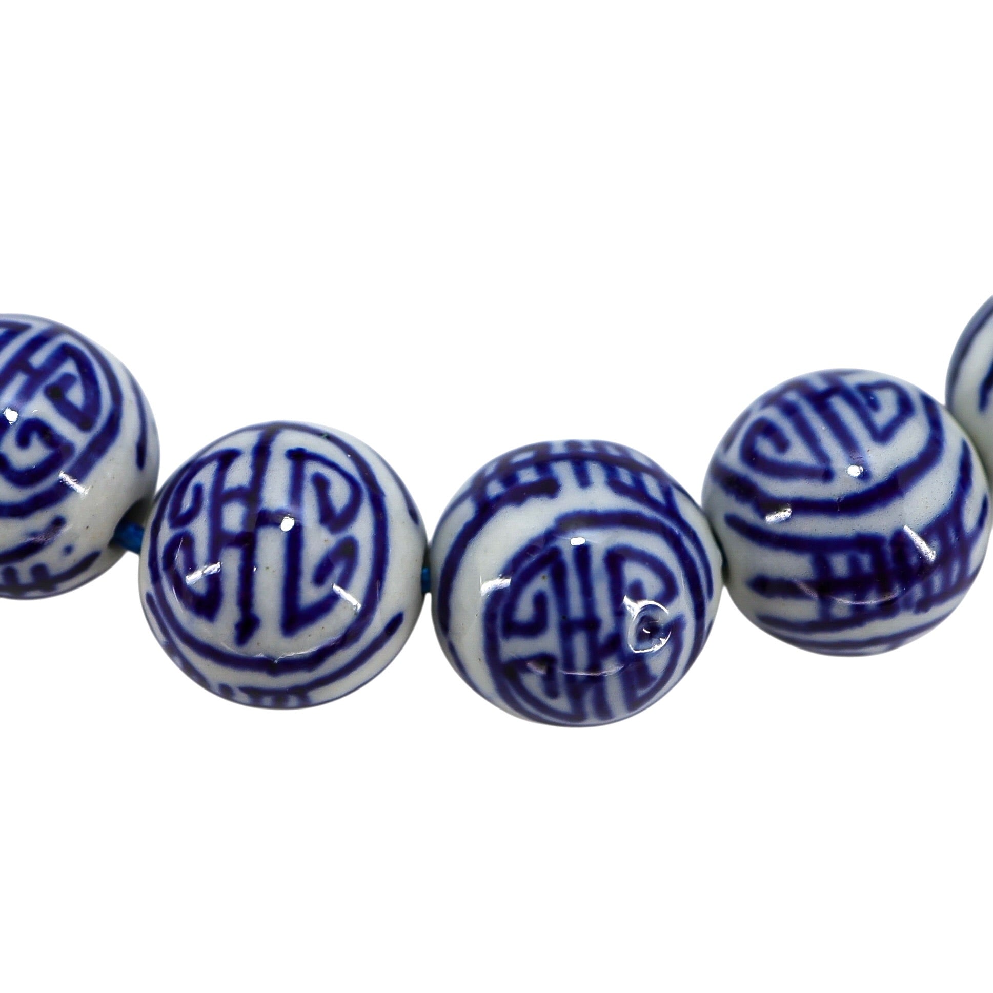 White & Blue Chinese Handpainted Porcelain Bead Bracelet, 12mm - Stylized Longevity Symbol