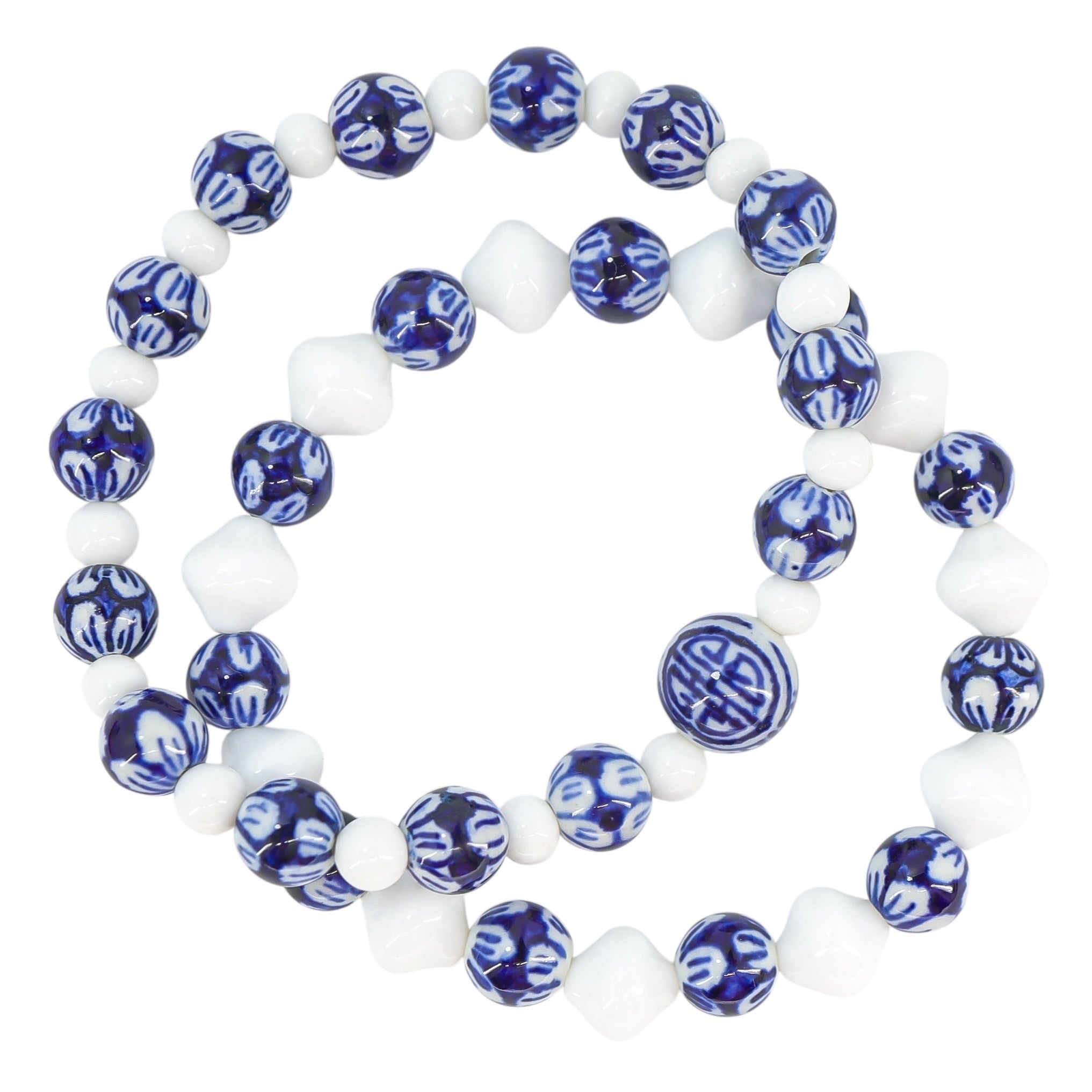 White Blue Porcelain & Milk Glass Bead Bracelet Set - Floral With Longevity Style Accent
