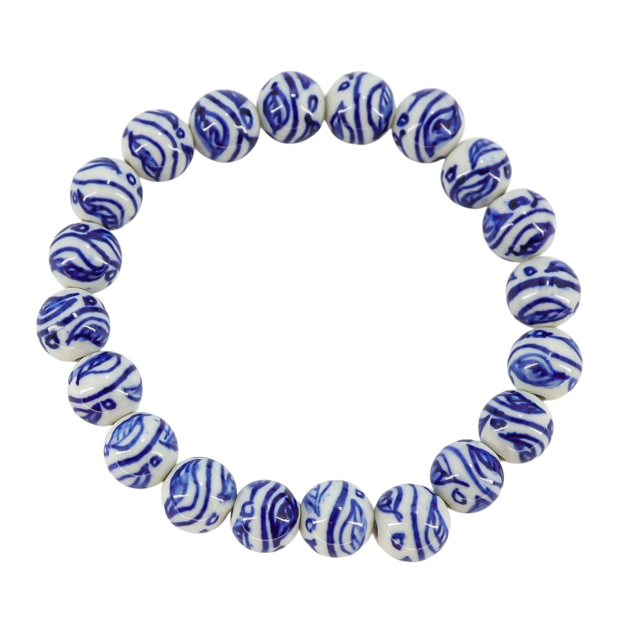 White Blue Hand Painted Porcelain Bead Bracelet Vine And Leaves Motif