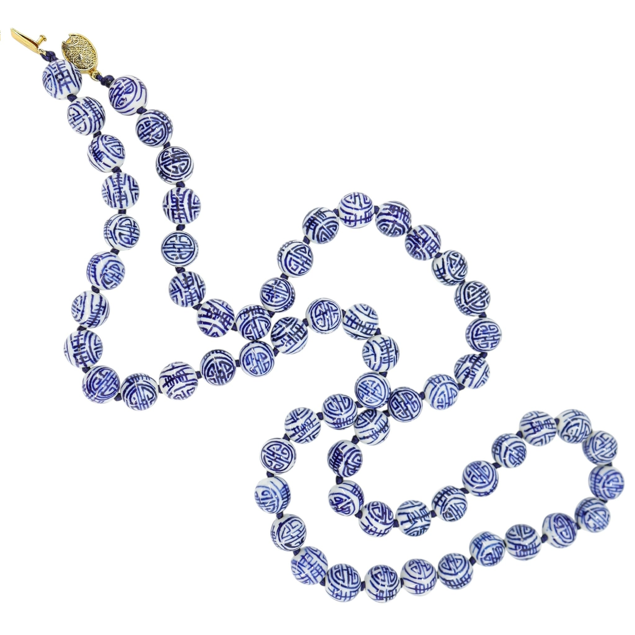 Vintage Chinese White And Blue Blue Porcelain Longevity Bead 34”