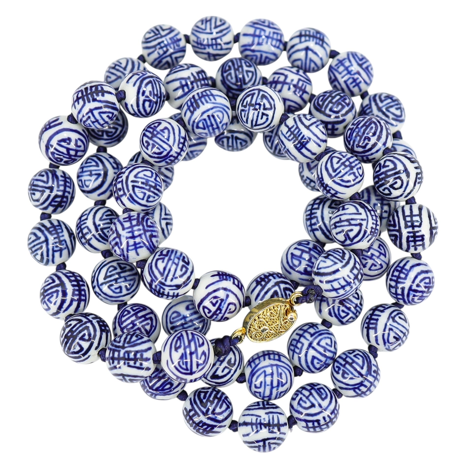 Vintage Longevity Bead Necklace Chinese White And Blue Blue Porcelain 34”