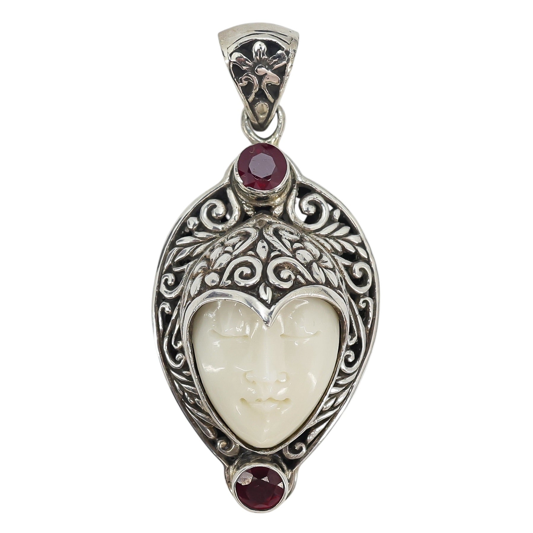 Carved White Coral Face Mask Pendant In Ornate Sterling Silver Setting