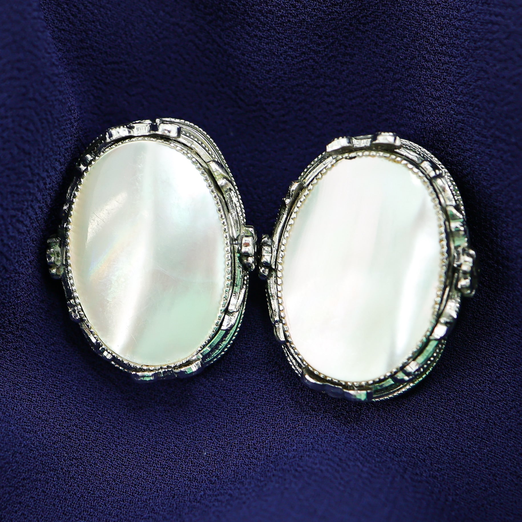 Large Whiting & Davis Mother Of Pearl Oval Earrings In Ornate Silver Tone Setting