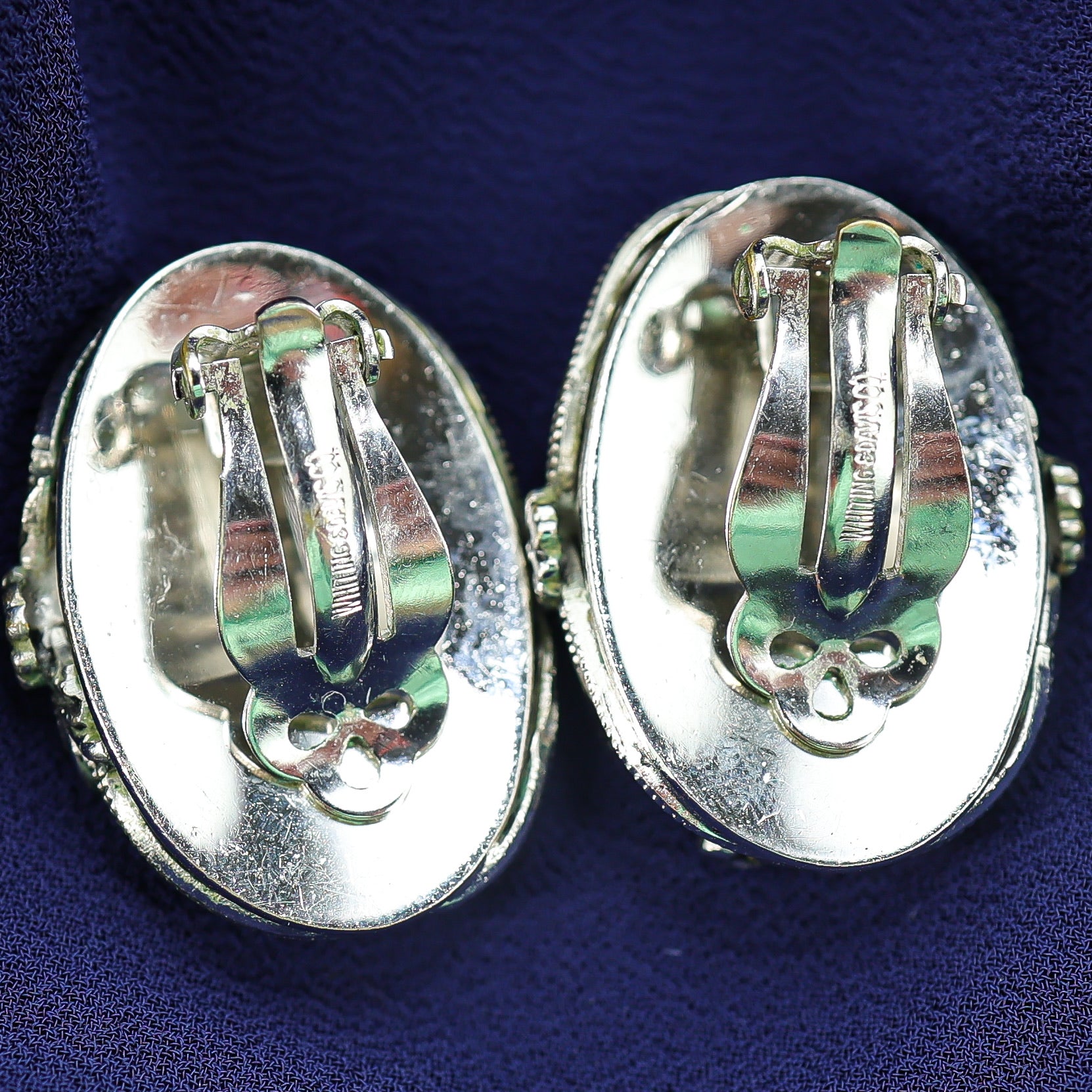 Large Whiting & Davis Mother Of Pearl Oval Earrings In Ornate Silver Tone Setting